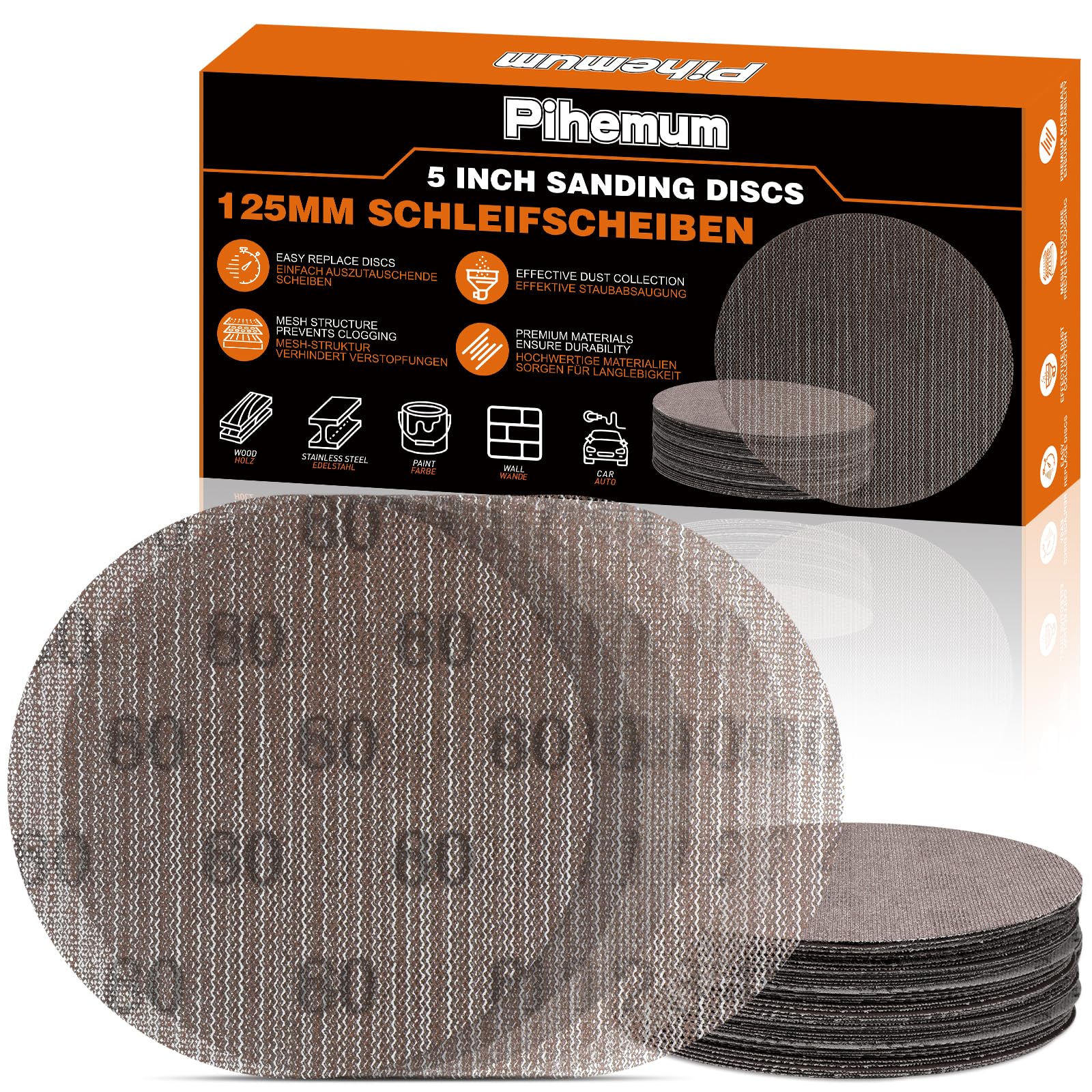 pihemum 60 Pcs 125mm Mesh Sanding Discs 80 120 180 240 320 400 Grit Hook and Loop Net Sandpaper for Orbital Sander โ image 1