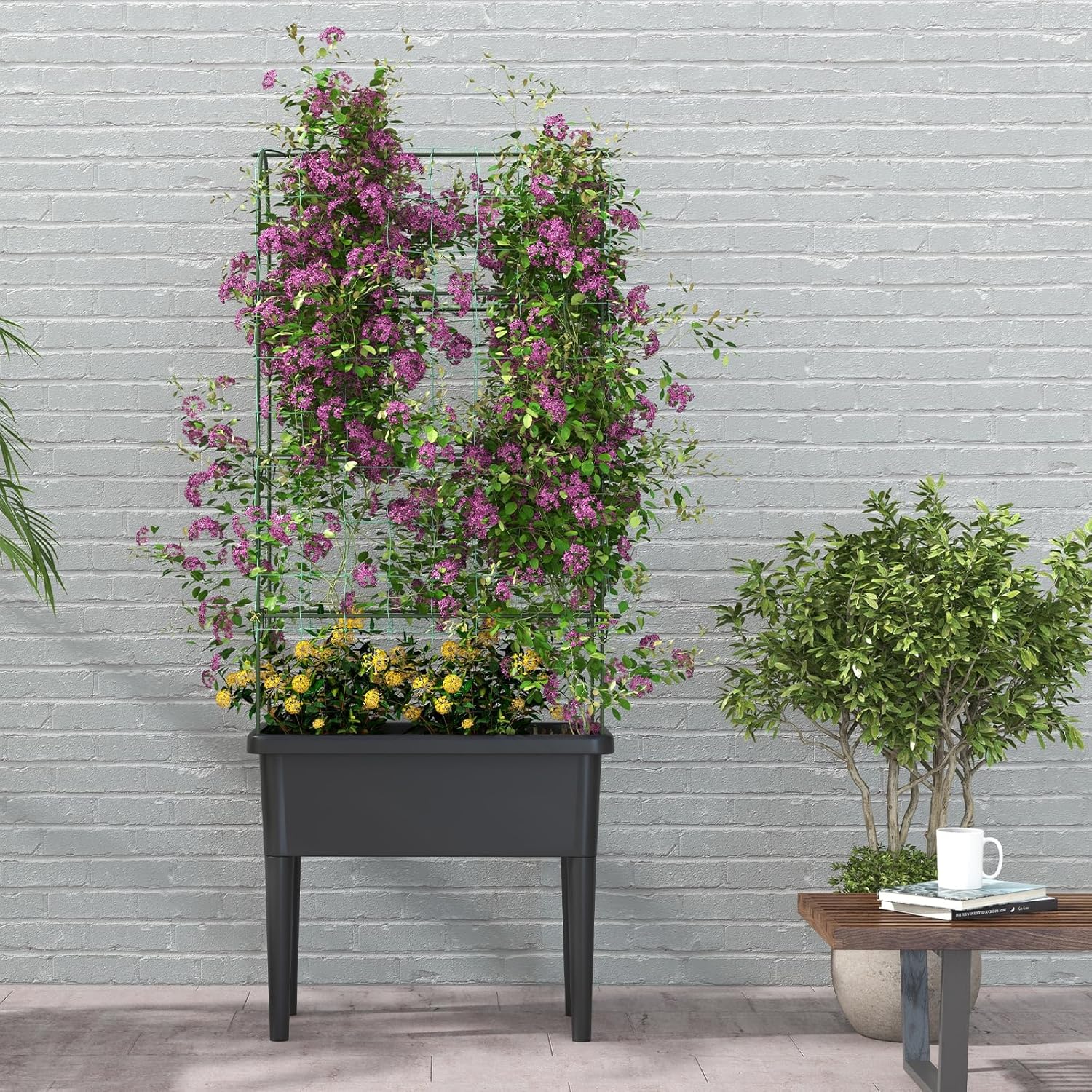 Black and Green Raised Garden Bed with Trellis and Self-Watering Planter