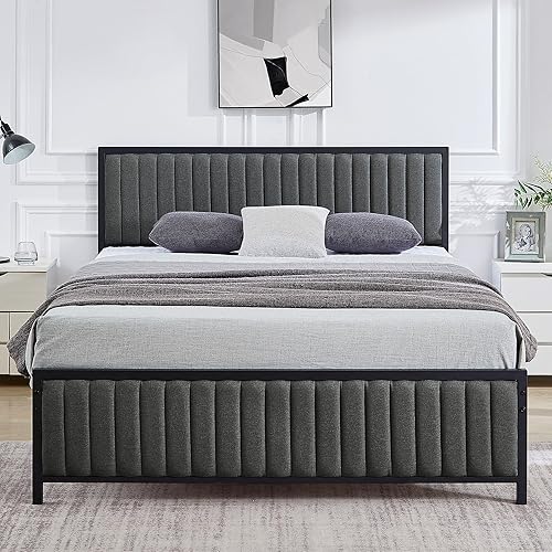 VECELO Base de cama tamaño matrimonial con cabecera y estribo tapizados, plataforma de listones de acero resistente, no necesita somier, color gris