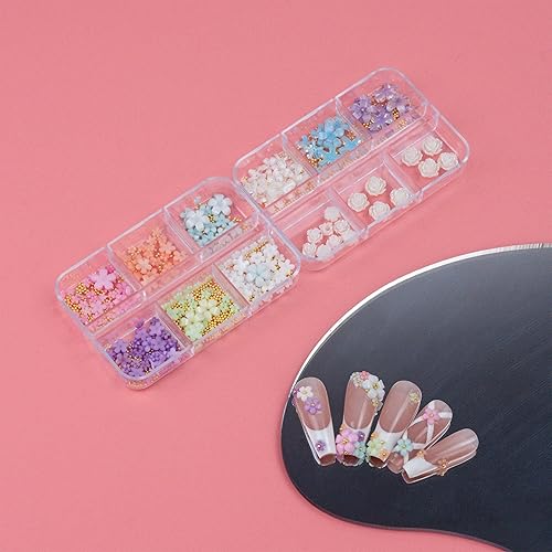 Miniatura 6 de 2 cajas de 250 dijes de uñas de flores coloridas 3D con lápiz de cera de alta calidad para diamantes de imitación, 12 rejillas, flores 3D de cristal
