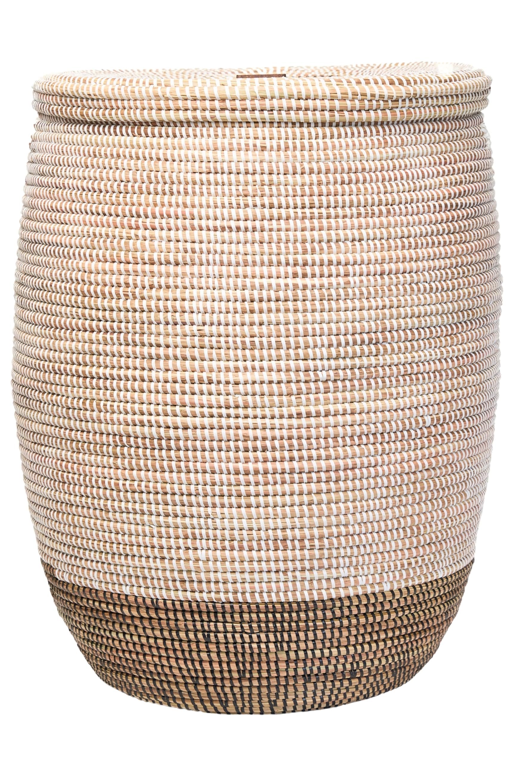 YAADU Cesto XXL para la ropa con tapa 95L - Cesto tejido para la ropa, cesto africano para la ropa, cesto grande para juguetes, cesto con asa Modelo Fela (Blanco-Negro-Plano)