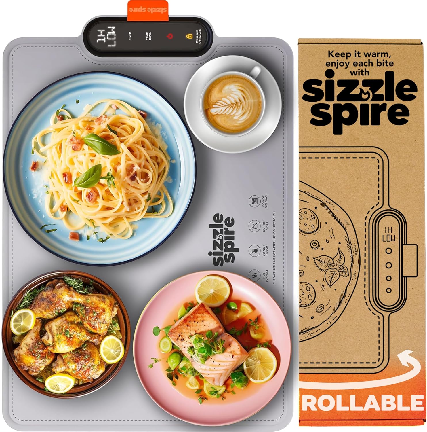 electric warming tray, rollable silicone warming pad for food with 4 temperature settings, auto shut-off, great food warmer mat for parties, buffets, gatherings and everyday use - gray
