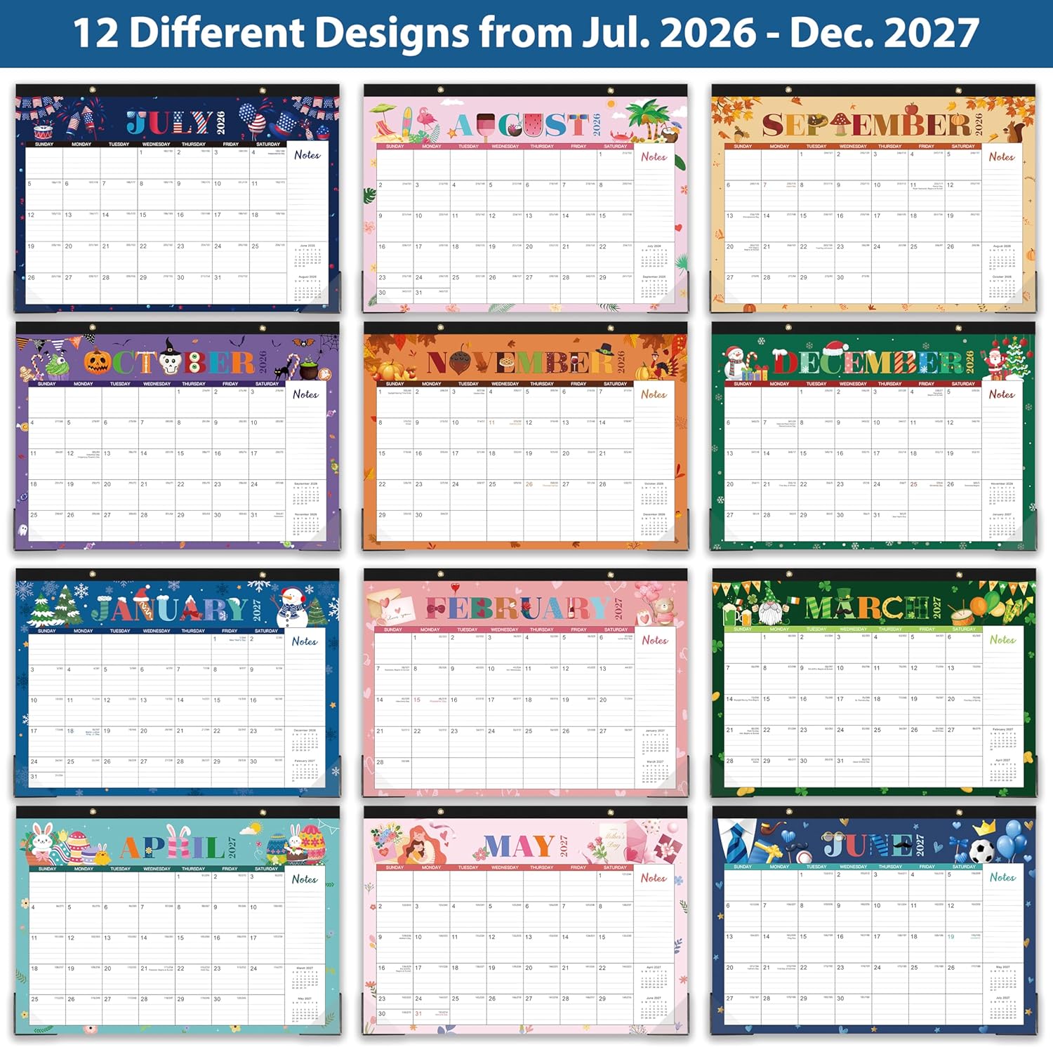 Desk Calendar 2026-2027 - Calendar 2026-2027 from July 2026 to December 2027, 12" x 17", 18 Monthly Desk Calendar with Protector Corner- Holiday Design thumbnail