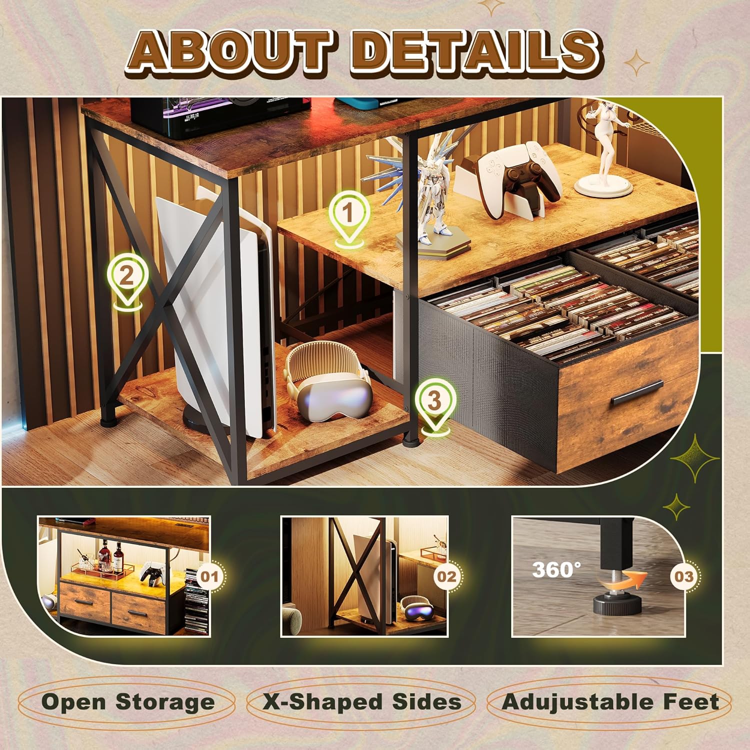 Dresser TV Stand with Power Outlets & LED Lights, Up to 65 Inches, 2 Large Drawers, 3 Open Storage Shelves (Rustic Brown, 55 Inch)