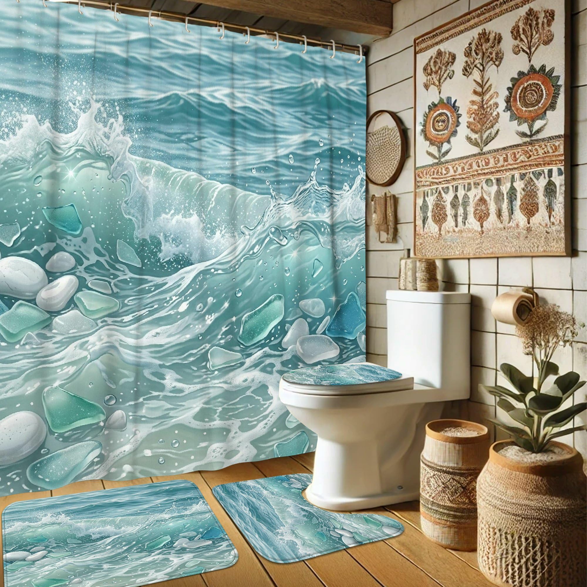 Rideau de douche anti-éclaboussure turquoise pour sol toujours sec
