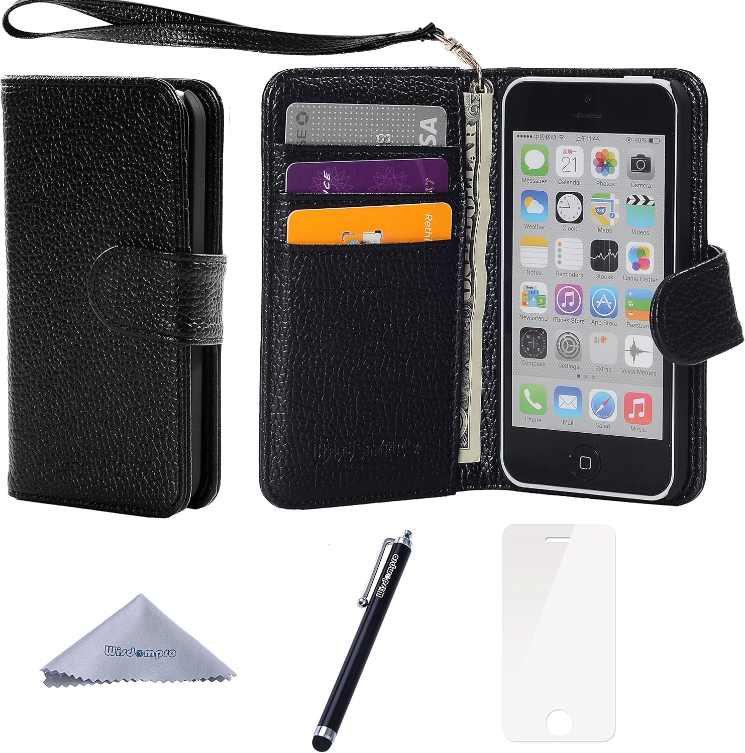 Wisdompro iPhone 5c Case, Premium PU Leather 2-in-1 Protective Flip Folio Wallet Case with Multiple Credit Card Holder Slots and Wrist Lanyard for Apple iPhone 5c (Black with Lanyard)