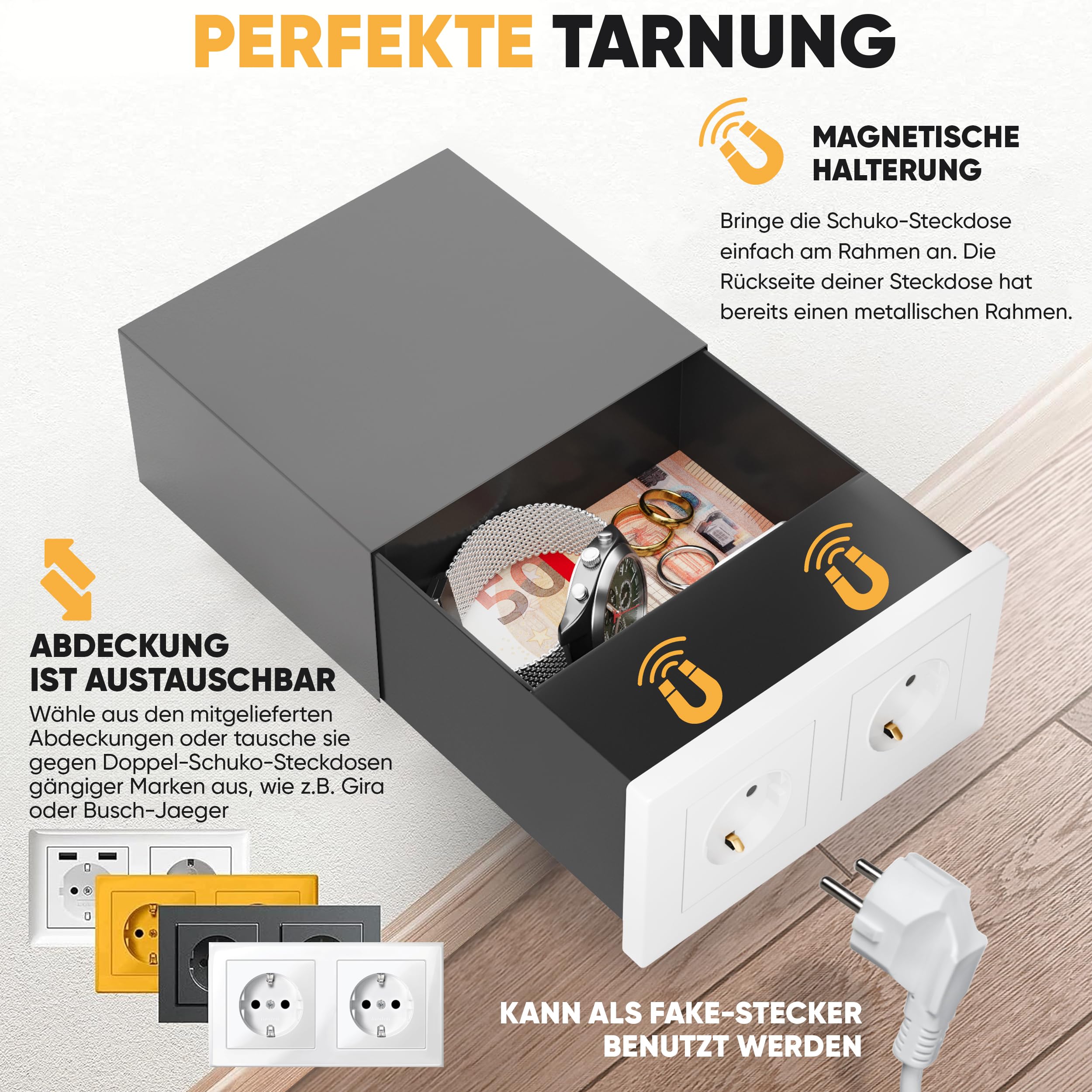 Elder Welder® Sejf z podwójnym gniazdkiem, kompatybilny z każdym podwójnym gniazdkiem Schuko, sejf ścienny do montażu na ścianie, sejf do gniazdka, mini sejf, z kluczami, jako schowek na pieniądze, tajny schowek, sekretna skrytka