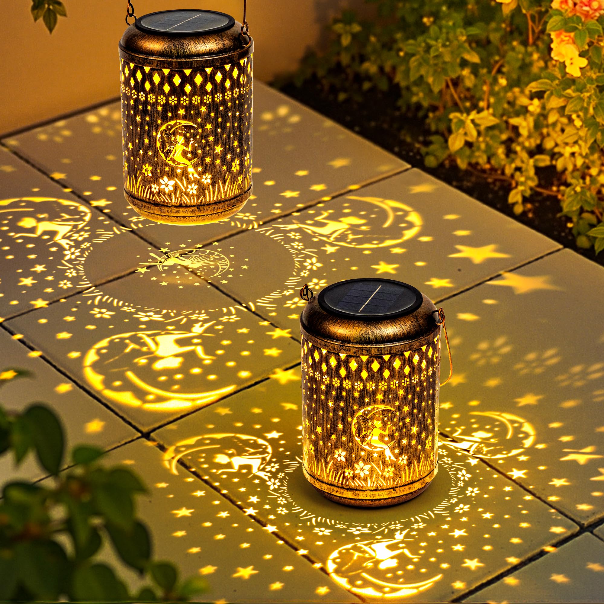 GIGALUMI Solar Lanterns Outdoor, Fairy Hanging Solar Garden Lights, Unique Birthday Gifts for Mom，Women, Friends, Waterproof Metal Garden Ornament Decoration for Yard, Patio, Backyard(2 Pack)