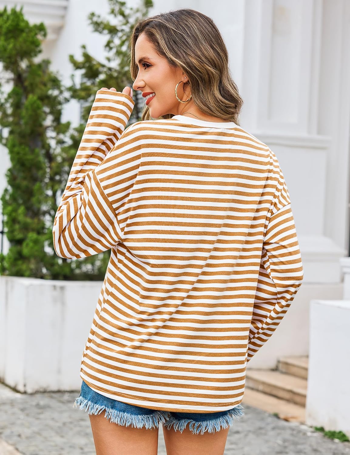Totatuit Women Oversized Striped Long Sleeve T Shirt Cotton Crew Neck Tops image 4