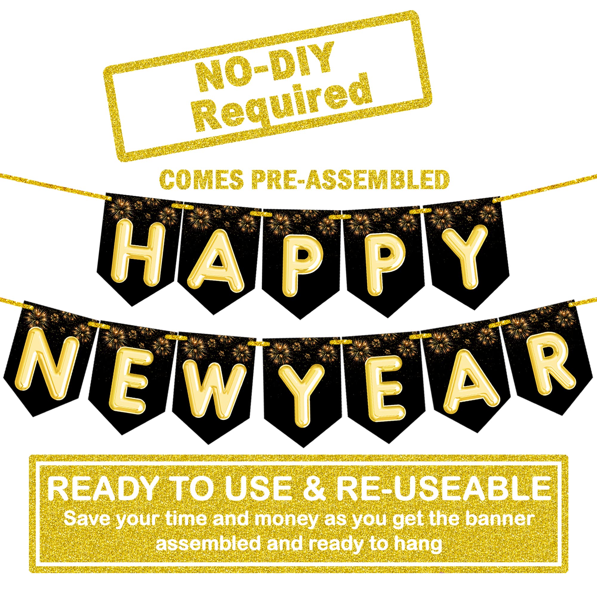 Happy New Year Banner Gold 2024 – Glitzer-Silvester-Dekoration Für Party & Foto-Hintergrund
