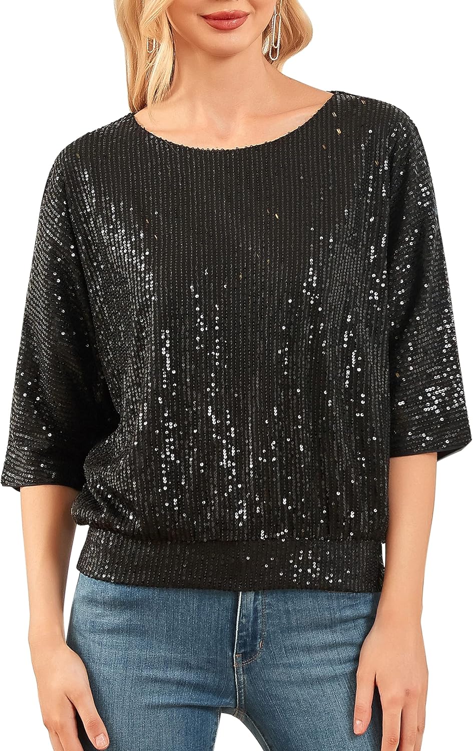 PrettyGuide Women's Sparkle Sequin Top Cut Out 3/4 Batwing Sleeve Loose Shimmer Glitter Party Dressy Tops