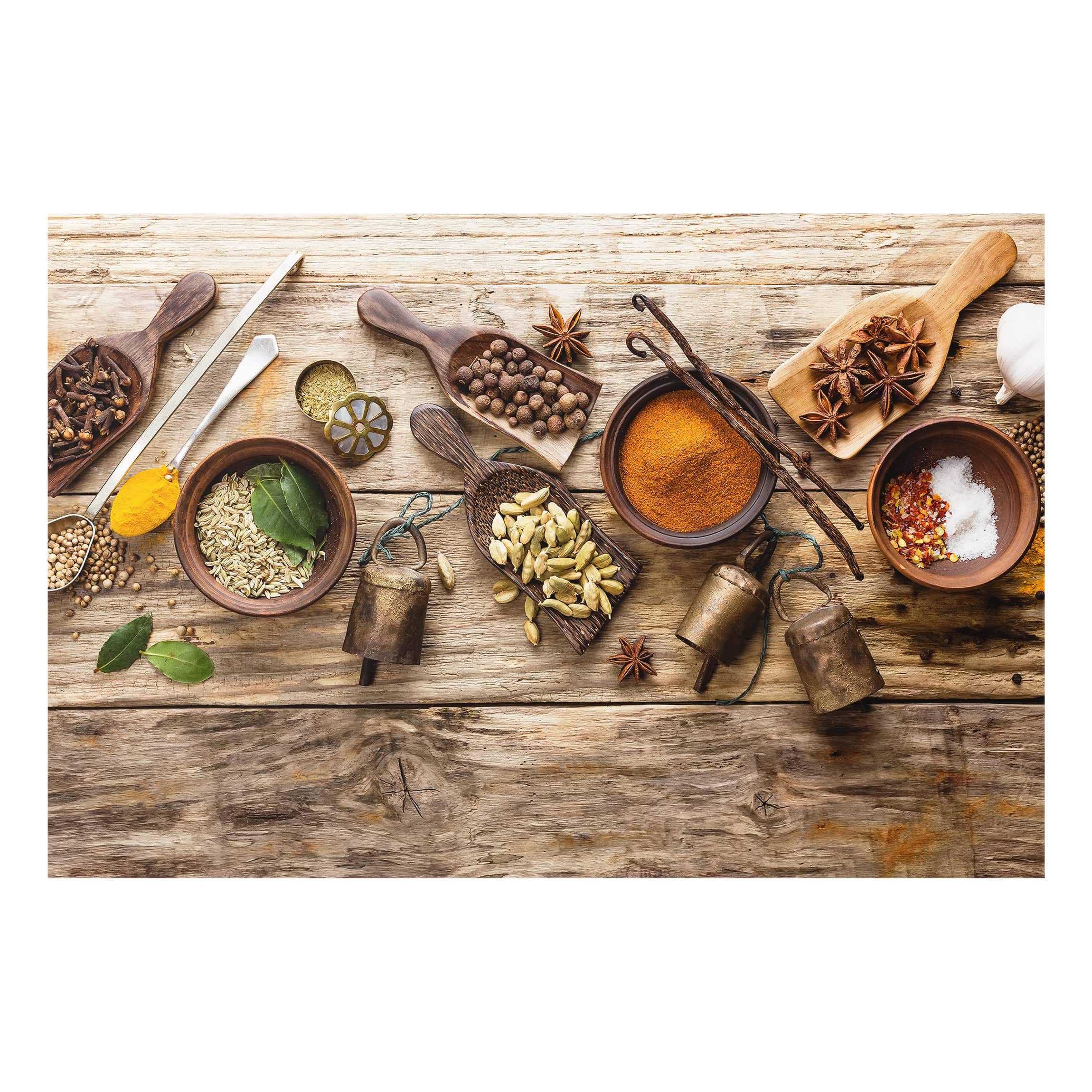 Fond de hotte avec support épaisseur 4mm culinaire crédence cuisine épices et herbes verre trempé panneau mural marron crédence en verre effet bois style oriental cuisine 1661 (90x59cm)
