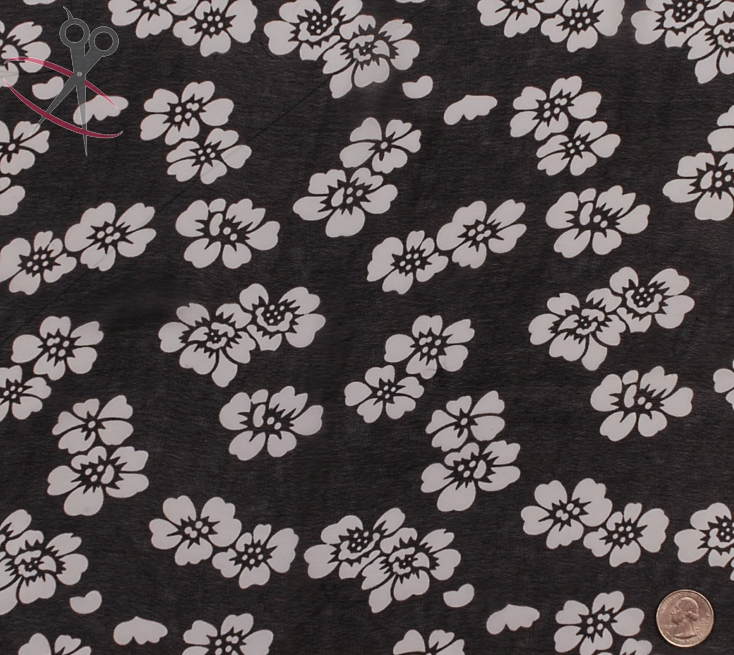 Hawaiian Floral Print - Black & Off White - Hi Multi Chiffon - By the Yard
