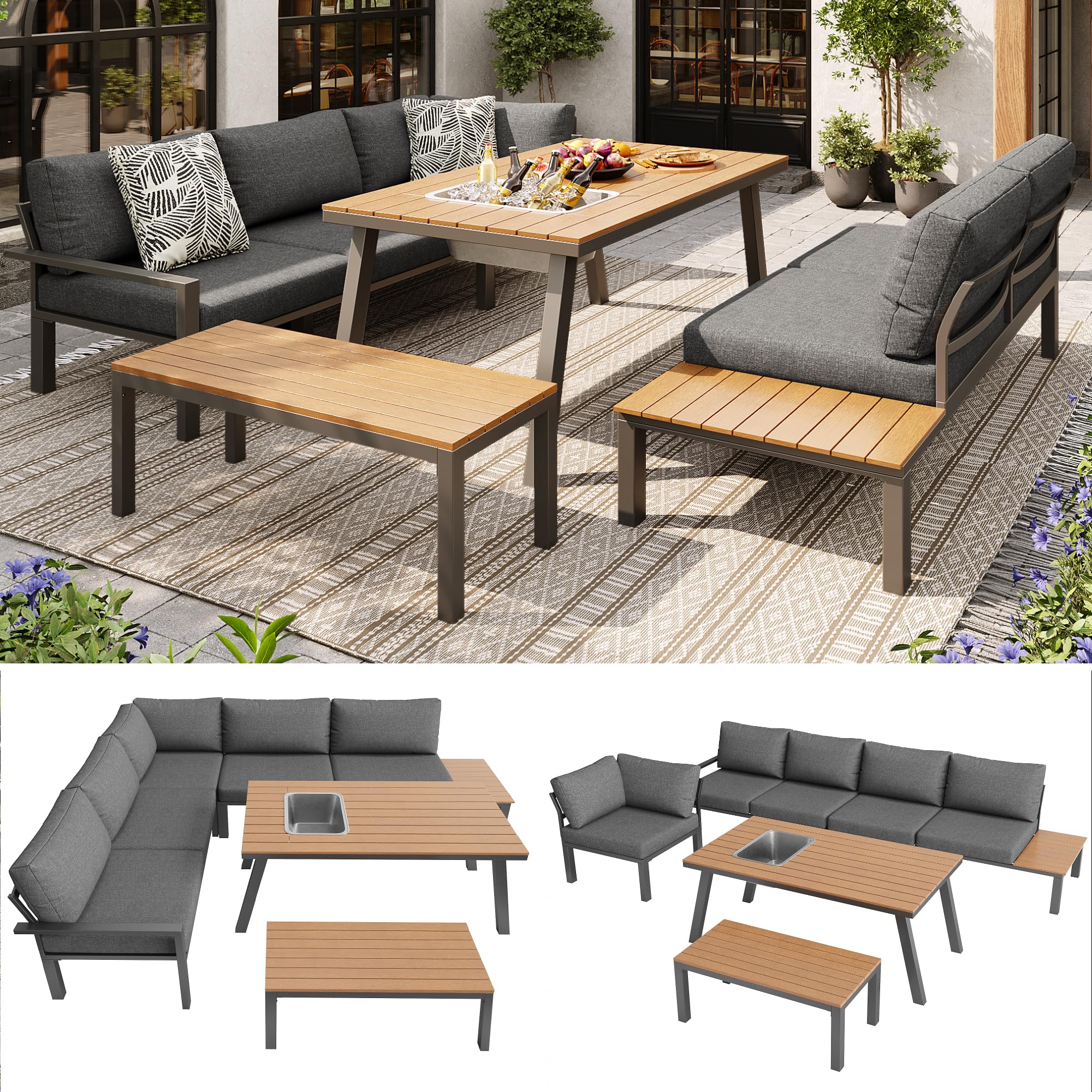 Juego de salón de jardín para 6-7 personas, adecuado para jardín, balcón, terraza, grupo de asientos resistente a la intemperie, moderno juego de muebles de jardín, estructura de hierro