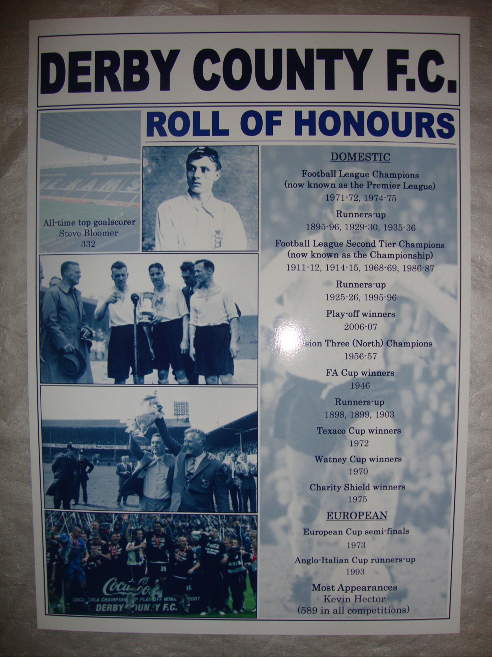 Lilywhite Multimedia Blue Derby County Club History Roll Of Honours - Souvenir Print