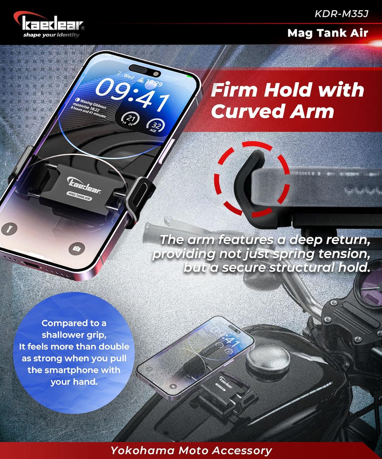 Kaedear Motorcycle Magnetic Phone Holder, Strong Neodymium Magnet, Aluminum, Stainless Steel Extension Arms, 360° Rotation, Scratch Protection, Mag Tank (Black/Vibration Absorption Mount)