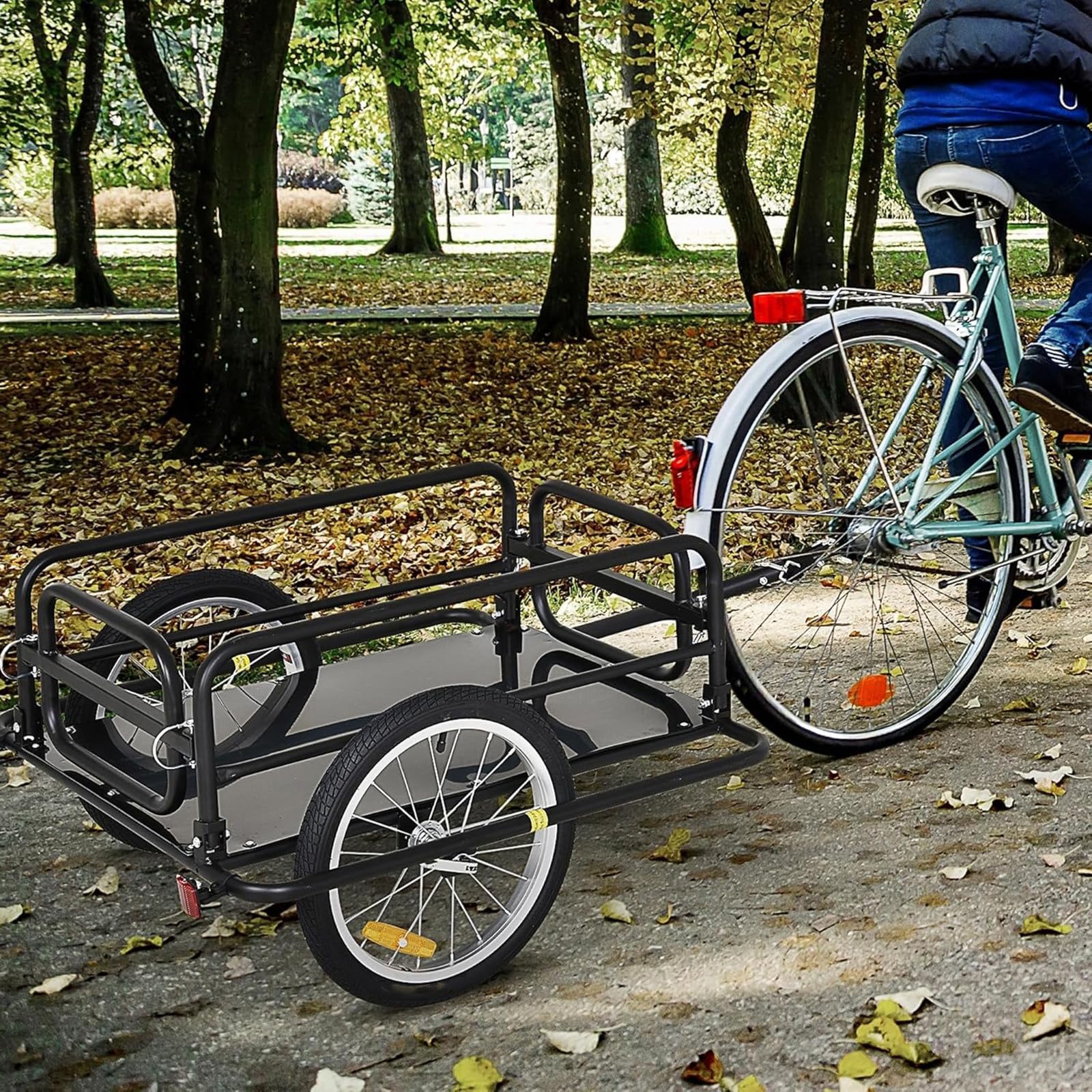 Składana dwukołowa przyczepa rowerowa z czarnej stali z zawieszeniem, maks. ładowność 60 kg, do przechowywania bagażu na zewnątrz