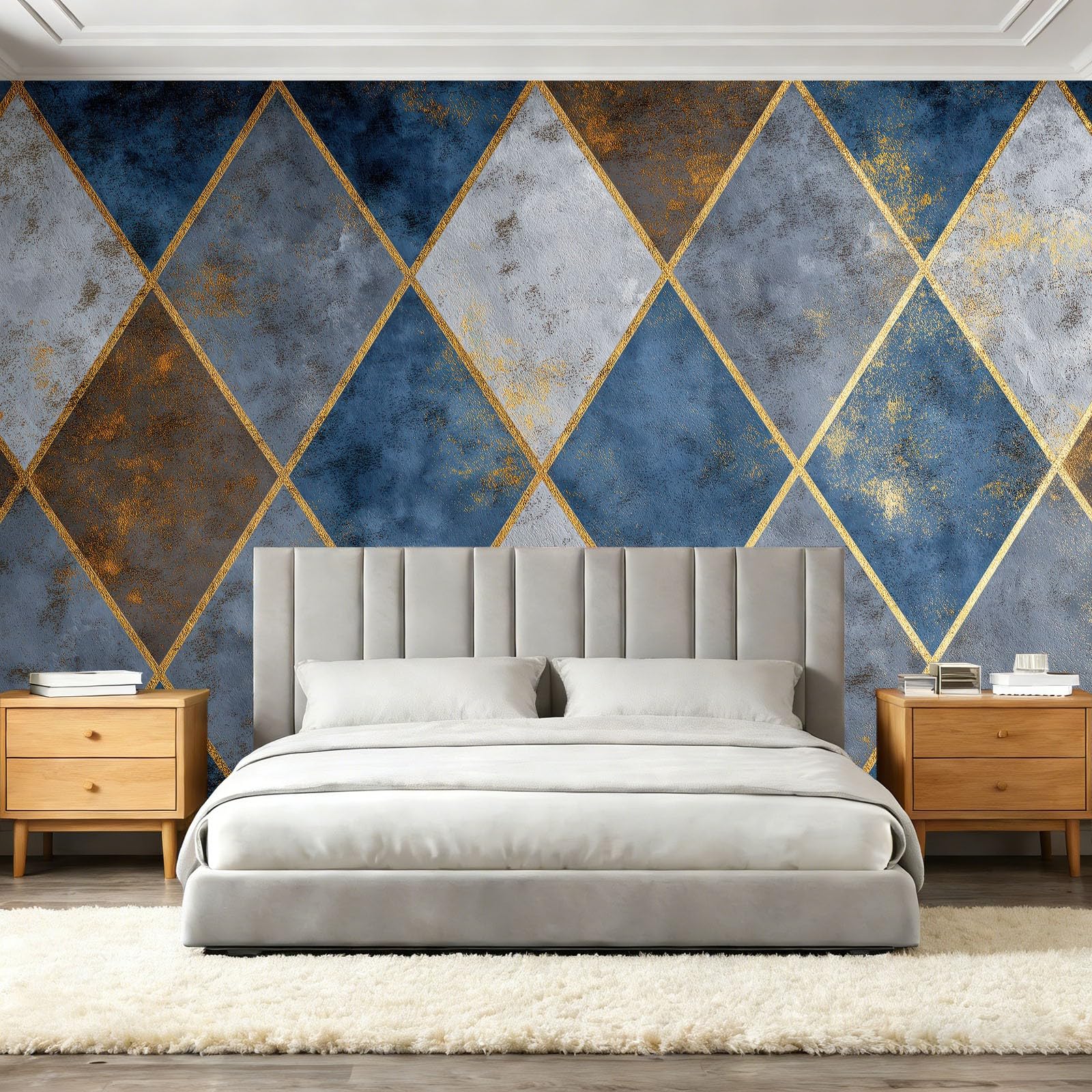Tapeta 3D z włókniny geometryczna romb patchwork 400 x 280 cm tapeta dekoracja ścienna do salonu sypialnia niebieska