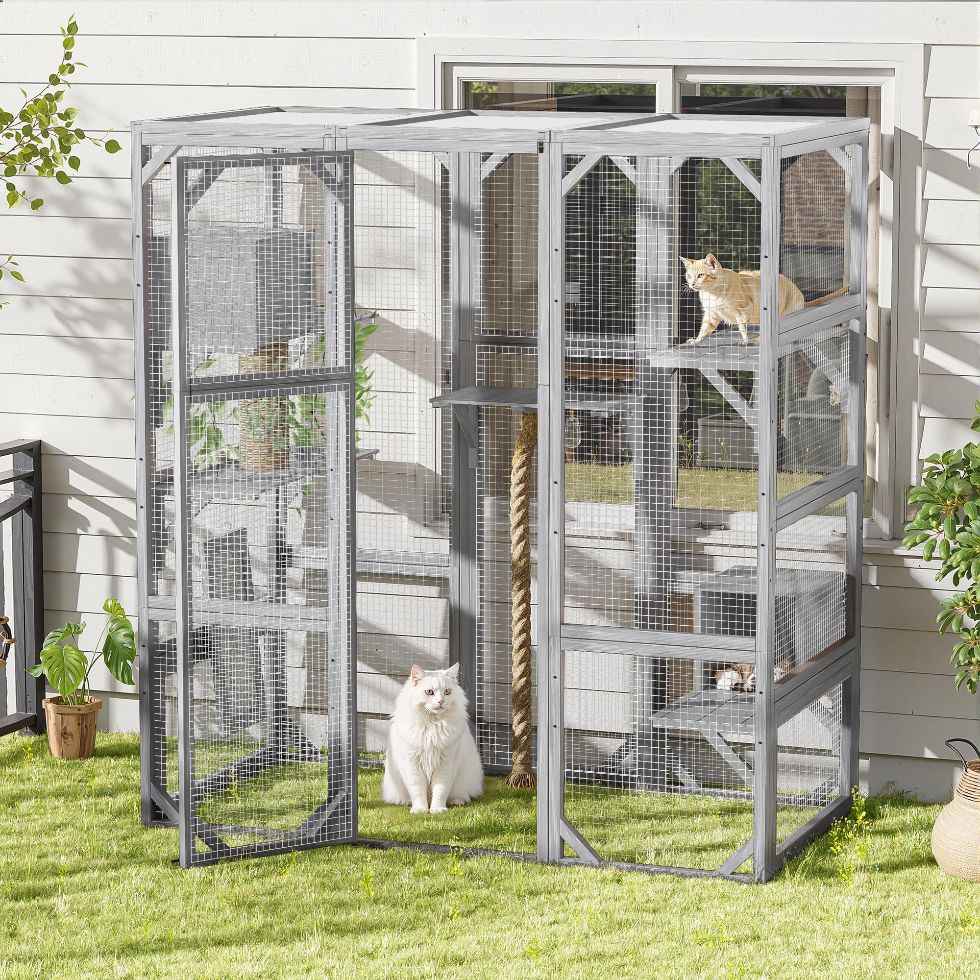 Outdoor Cat House Catio Enclosure with Platforms & Two Condos 62.8