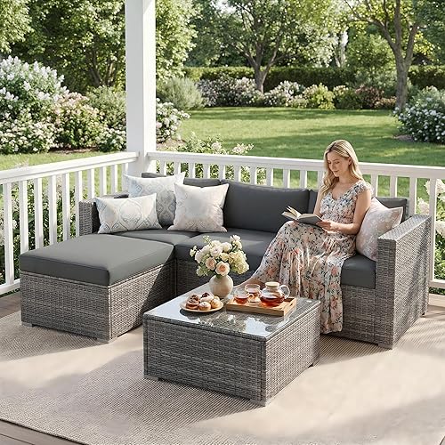 May in Color Outdoor Patio Furniture Set, Rattan Outdoor Sectional Furniture, Patio Conversation Sets for Balcony, Porch, Backyard, Deck, Garden, Dark Grey