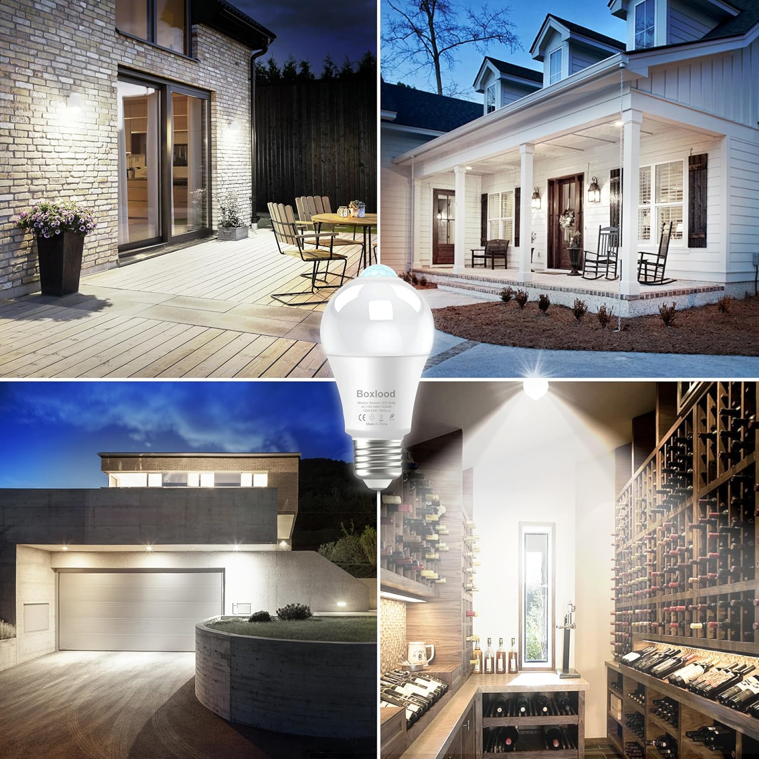 Boxlood LED Motion Sensor Light Bulbs Outdoor Indoor, 12W(100W Equivalent) A19 E26 Motion Activated Dusk to Dawn Ampoule Exterieur, 6000K Cool White for Porch Garage Basement Hallway Stairs, 2 Pack