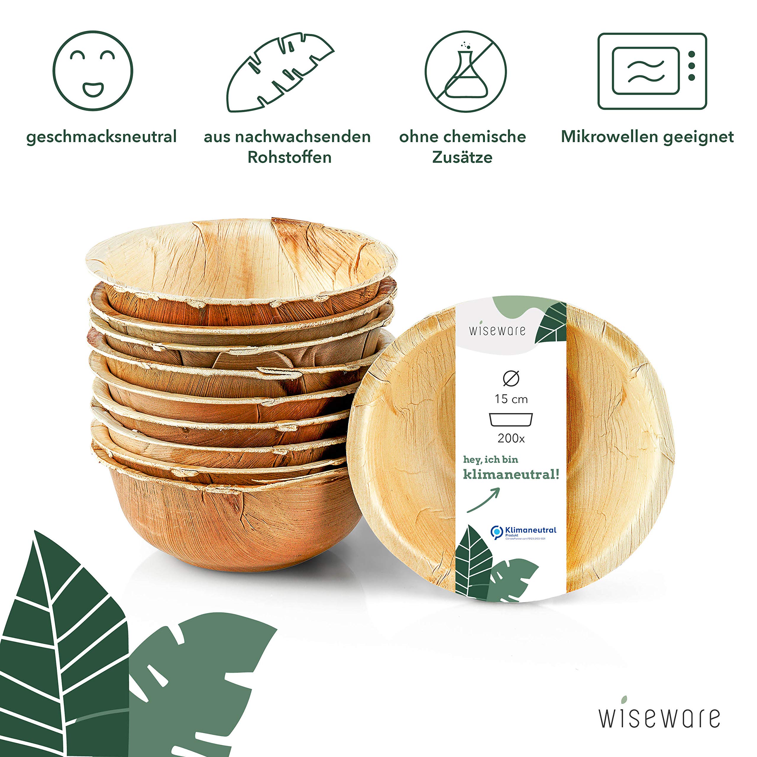Wiseware - Ciotola in foglia di palma, 200 pezzi, usa e getta, rotonda, Ø 15 cm, 425 ml, in foglia di palma biodegradabile, stoviglie compostabili