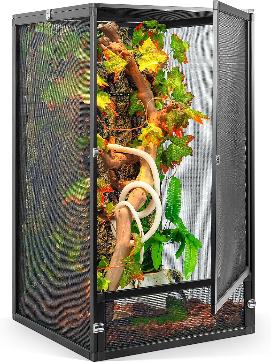 45 Gallon 360° Panoramic Foldable Reptile Terrarium Kit: Crested Gecko Tank and Reptile Cage for Superior Ventilation, Easy Feeding, Sturdiness, and Simple Assembly (Black, 32″x18″x18″)