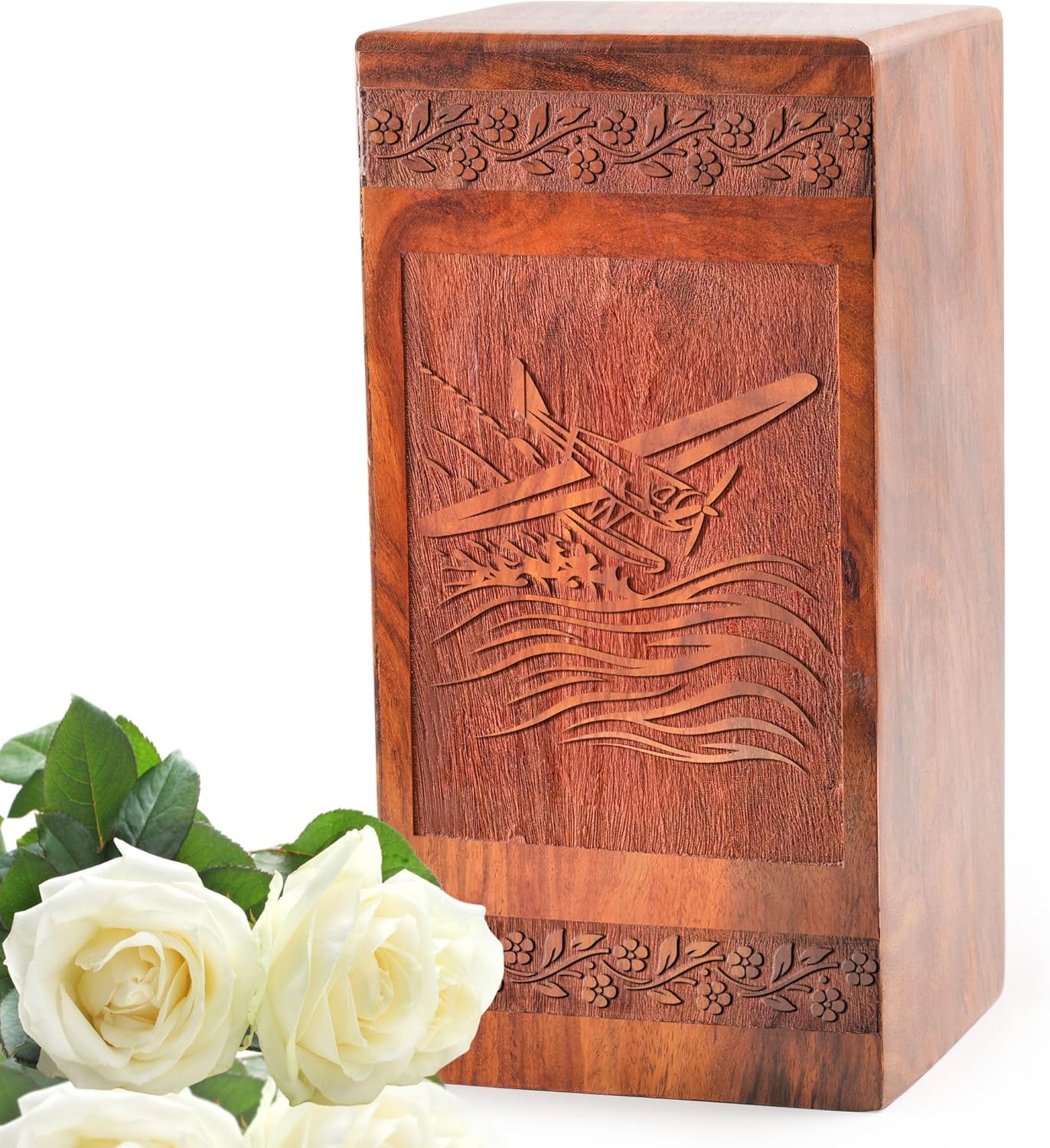 Airplane Handcrafted Cremation Box, Large Memory Chamber, Wooden Honor Storage, 10inch, Black Wood Keepsake Urn