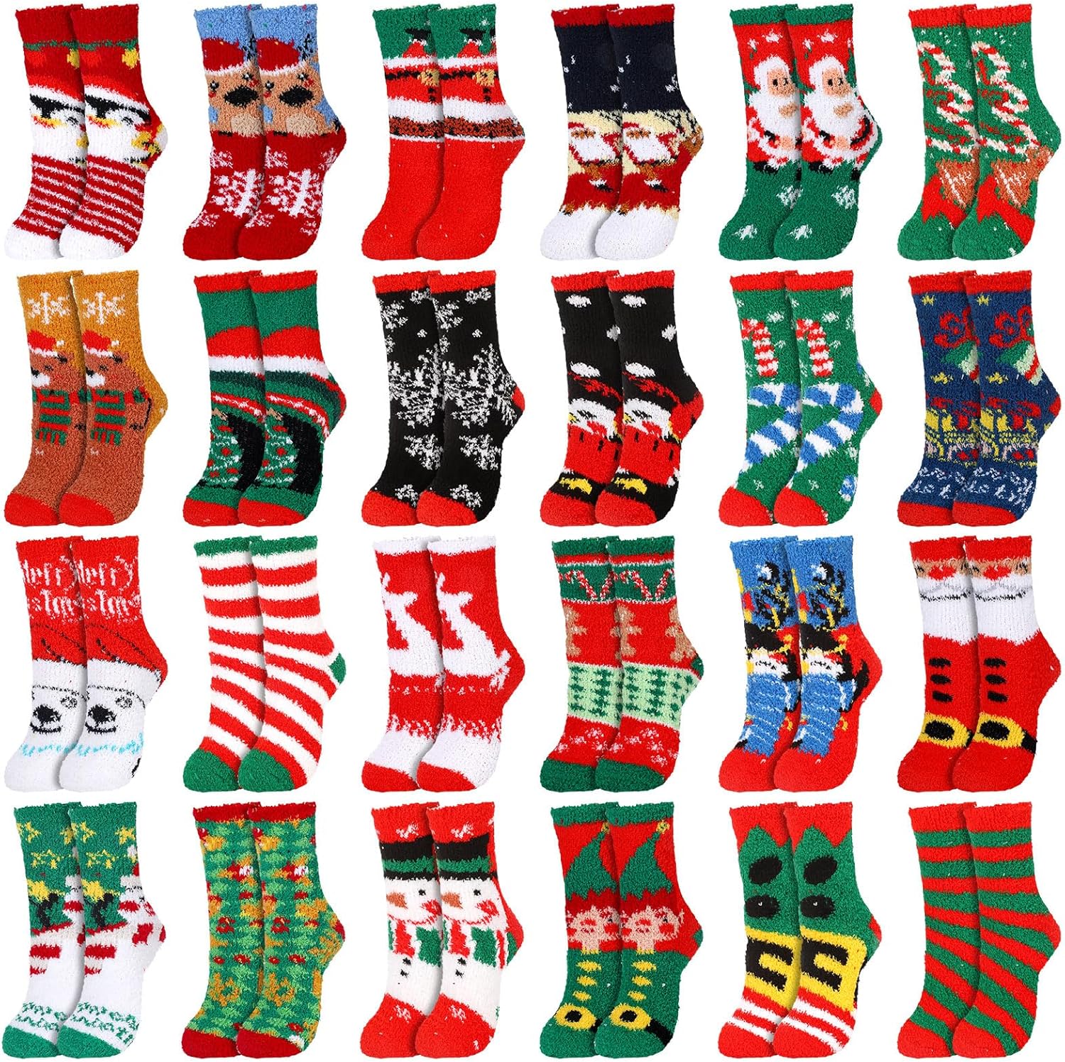 Ramede 24 Pairs Christmas Socks Holiday Crew Socks Festive Women's Novelty Soft Christmas Fuzzy Socks for Xmas Birthday Gifts