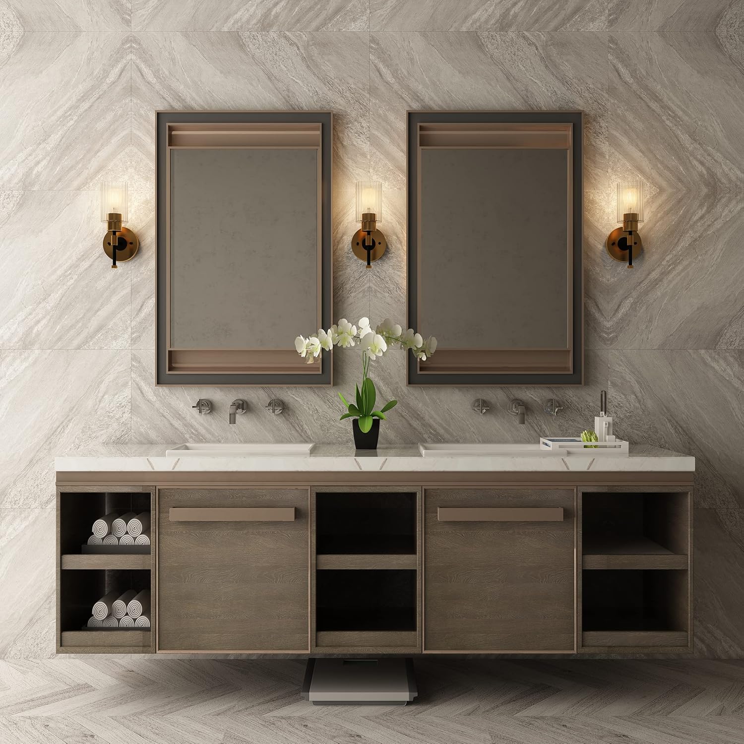 Inlight 12" High Brass Gold Bathroom Vanity Light, Modern Black Bath Lighting, Clear Ribbed Glass Shade Wall Sconce, Bulb Not Included, IN-0445-1-GD