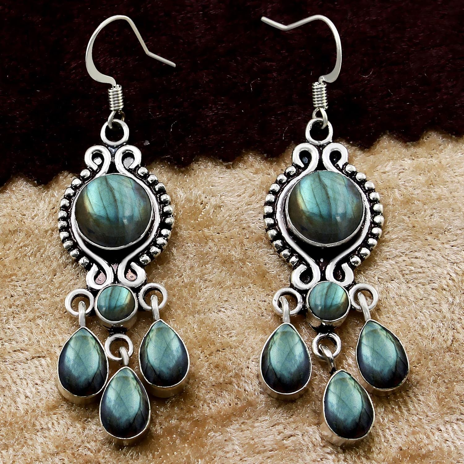 Natural Genuine Gemstones Dangle Earrings for Women – Handmade 925 Silver Plated Drop Earrings – Round & Pear Shape Gemstones Boho Vintage Style Fashion Jewelry – Gift for Wedding Christmas - Image 3