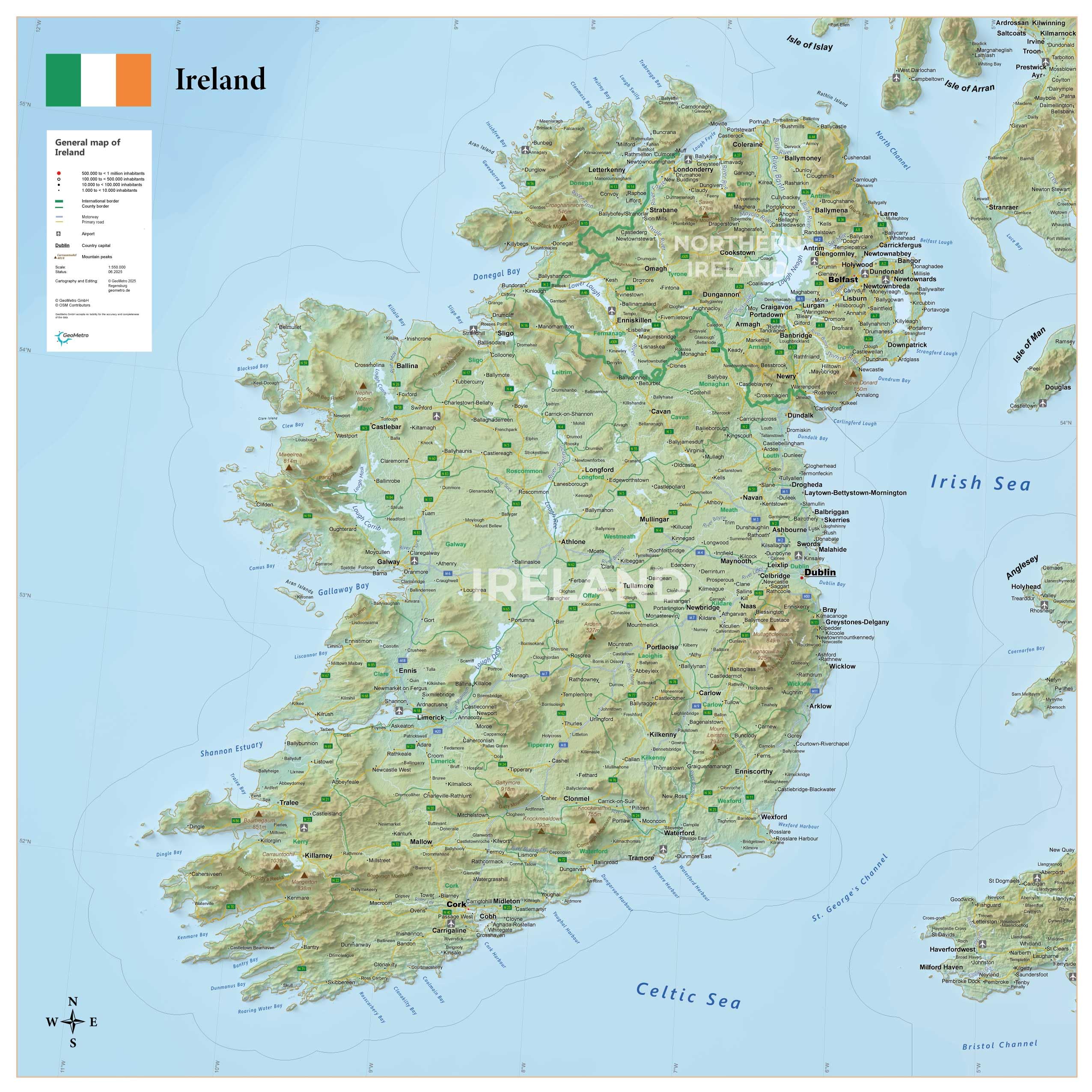 GeoMetro XL Map Of Ireland - Laminated - 90 x 90 cm - Physical/Political Poster Map, incl. Counties, Main-Roads