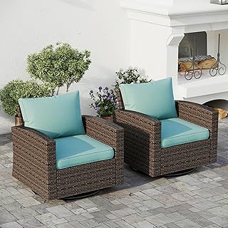 2 Pieces Patio Swivel & Glider Sofa Set,Outdoor Swivel Chairs Set of 2 with Brown Premium Wicker Rattan and 4