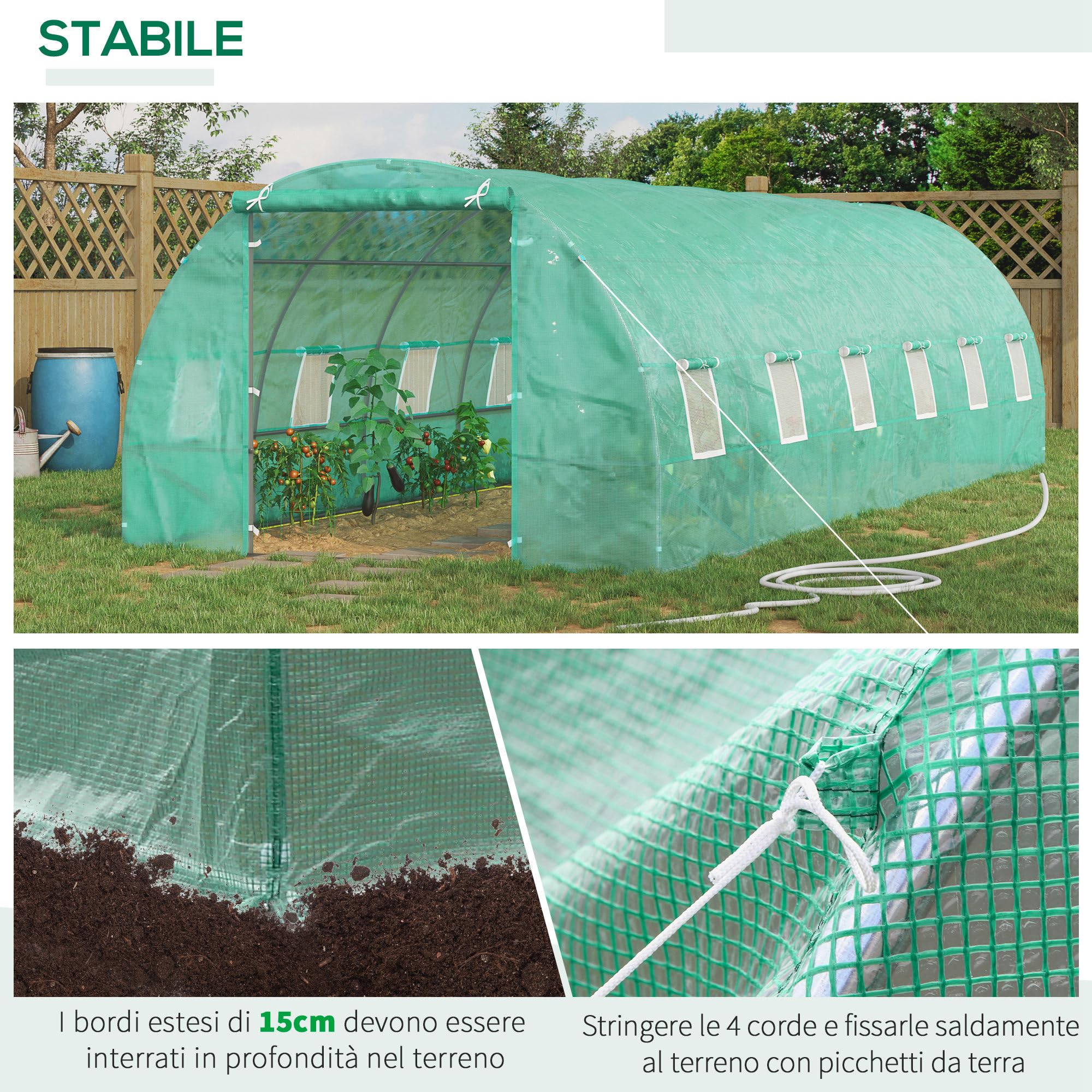 Outsunny Serra da Giardino a Tunnel 8x3x2 m con Porta Avvolgibile, Serra per Orto a Cupola con 12 Finestre, Copertura in PE e Struttura in Acciaio, Verde