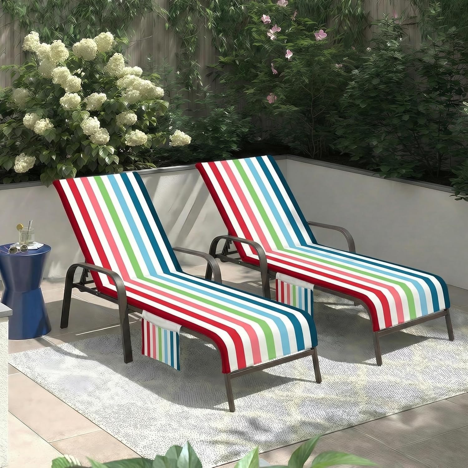Lounge Chaise Chair Towel Covers (Pack of 2), Beach Chair Cover with 3 Pockets for Pool Outdoor Beach Garden Patio Trips,85 X30 in (Colorful Stripes)