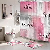 Vista 16 de Juego de 4 Piezas de Cortina de Ducha Amarilla y Gris, Juegos Completos de Baño con Cepillo Abstracto Moderno, Cubierta de Tapa de Inodoro, Tapete