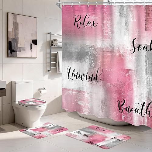 Miniatura 16 de Juego de 4 Piezas de Cortina de Ducha Amarilla y Gris, Juegos Completos de Baño con Cepillo Abstracto Moderno, Cubierta de Tapa de Inodoro, Tapete