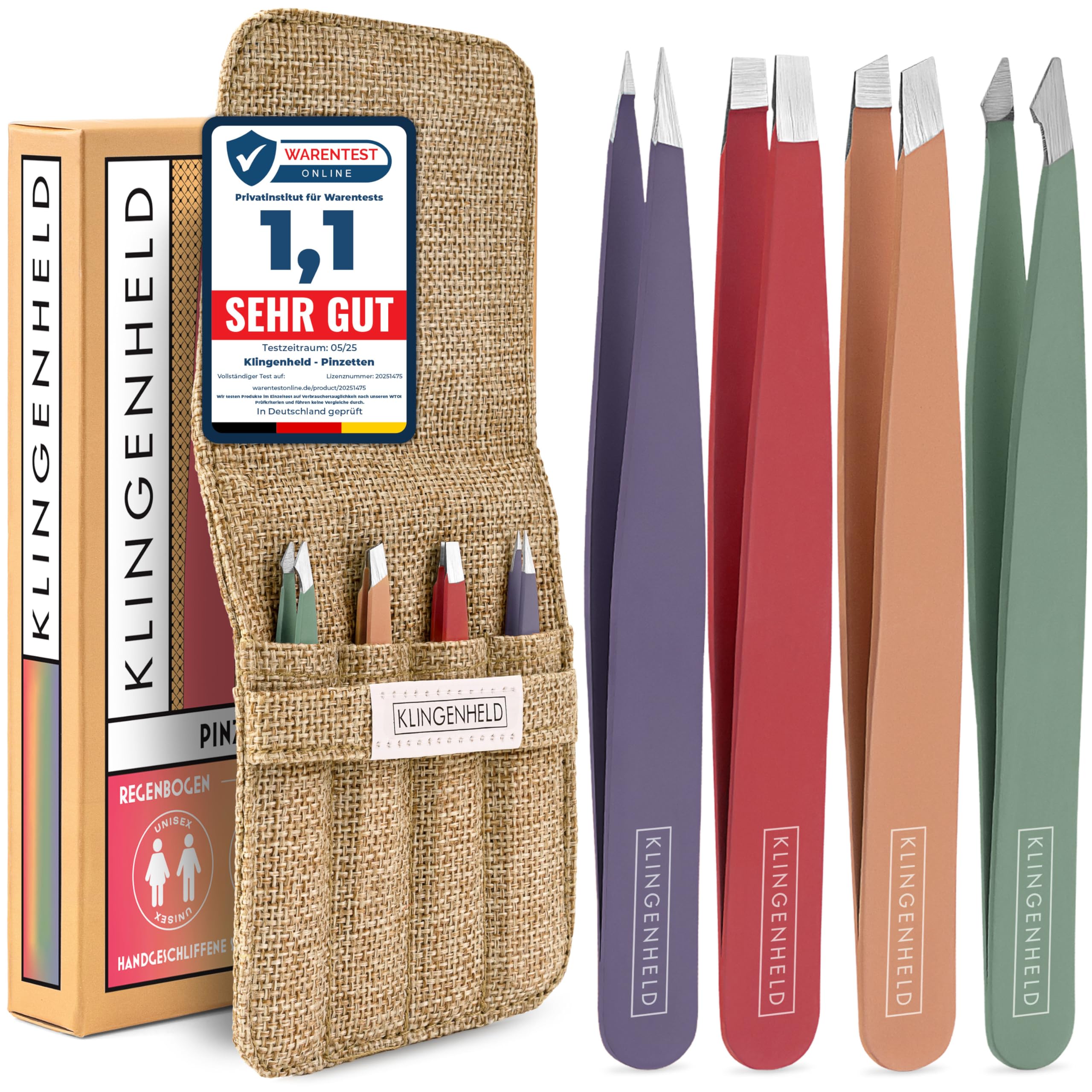 KLINGENHELD® Präzises Pinzetten-Set mit handgeschliffenen Spitzen - Perfekt für alle Anwendungsbereiche - inkl. Baumwoll-Etui 100% plastikfrei & nachhaltig - Pinzette Augenbrauen zupfen, 21 Farben