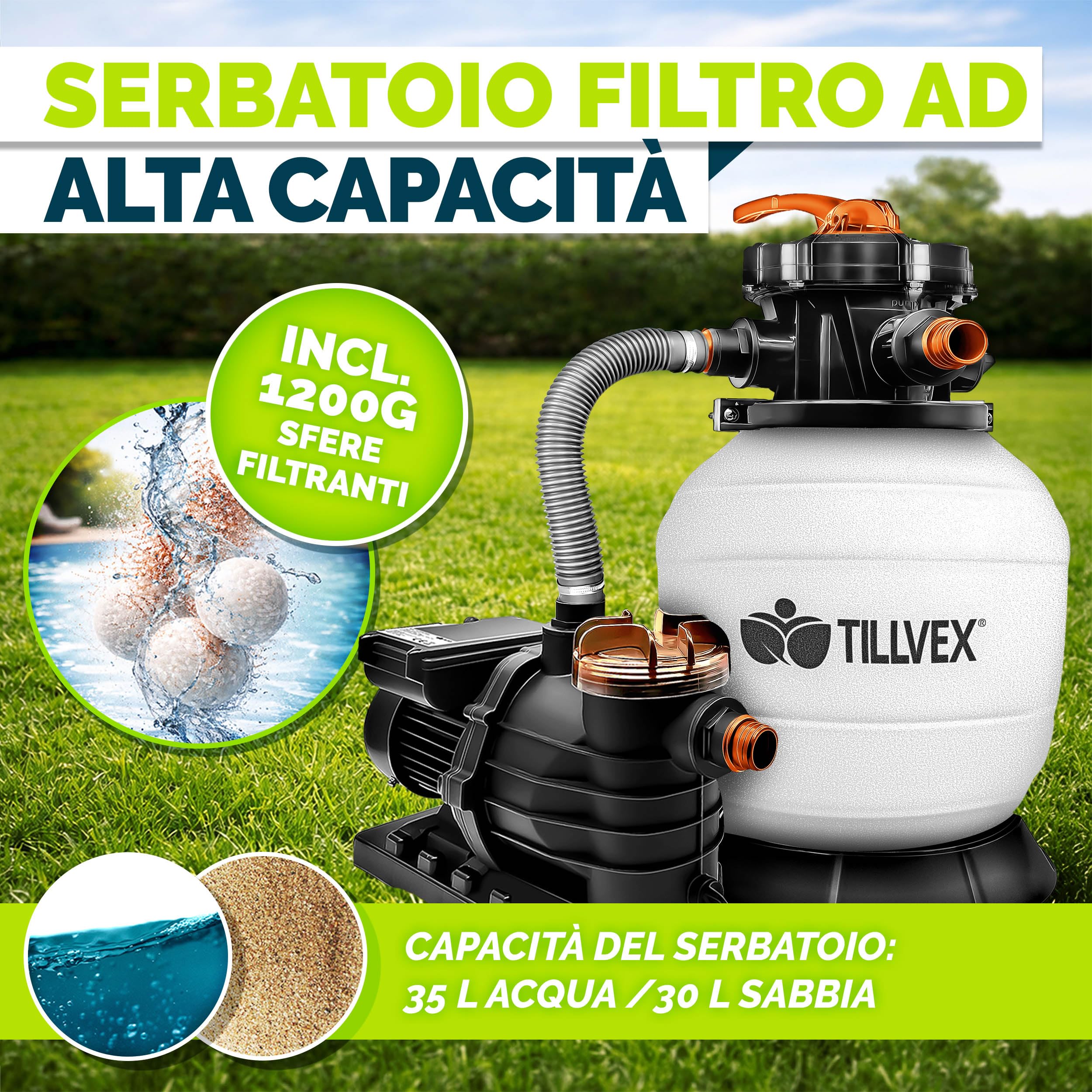 tillvex Pompa Filtro Piscina Portata 13.200L/h fino 40.000L | 7 funzioni filtrazione | Adattatore 2in1 Ø32-38mm + indicatore pressione | Filtro sabbia piscine (Bianco/Arancione)