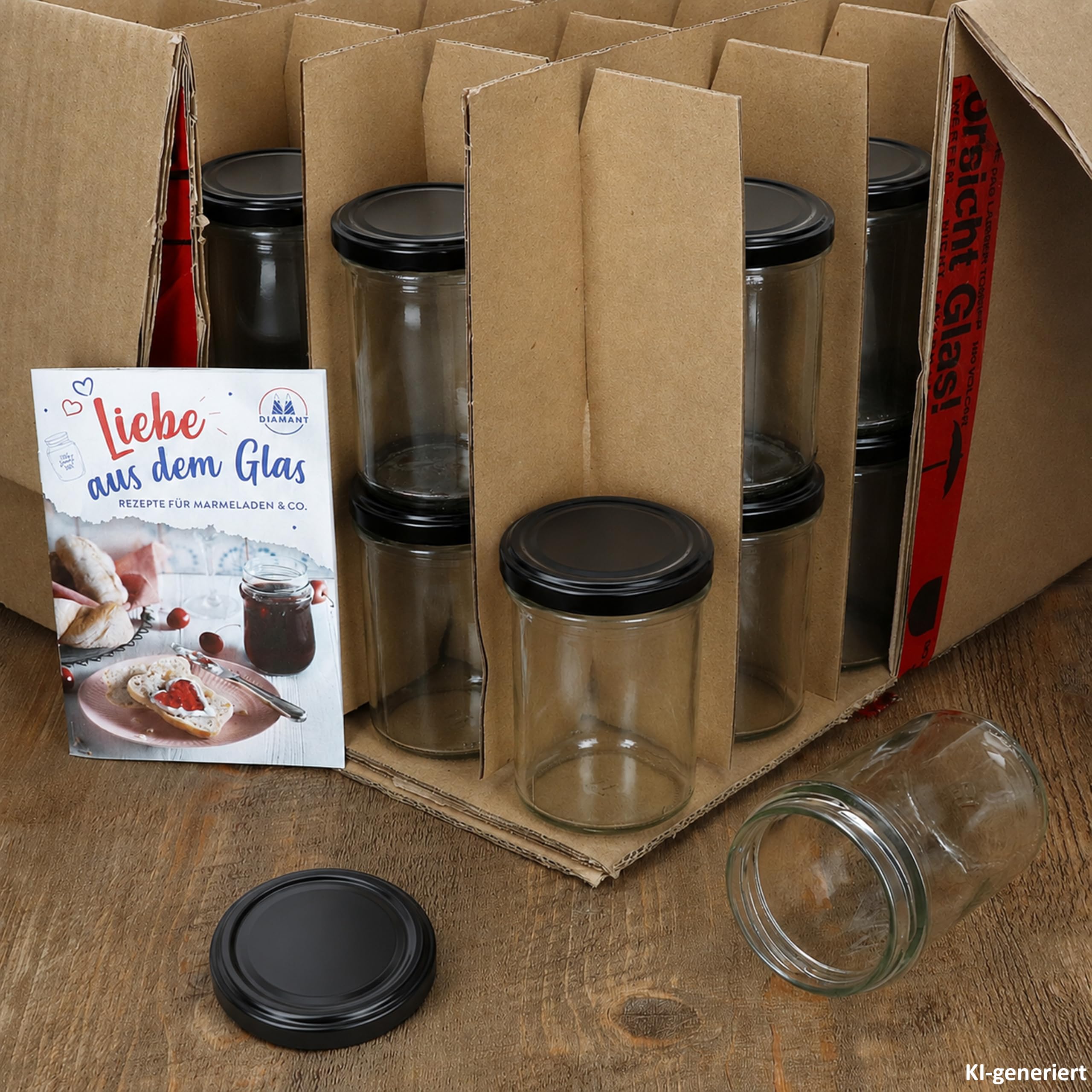 MamboCat Set 50 pots hauts Contenu 230 ml avec couvercle noir To 66, livre de recettes inclus Diamant Gelierzauber Idéal comme pot de confiture ou de conserve
