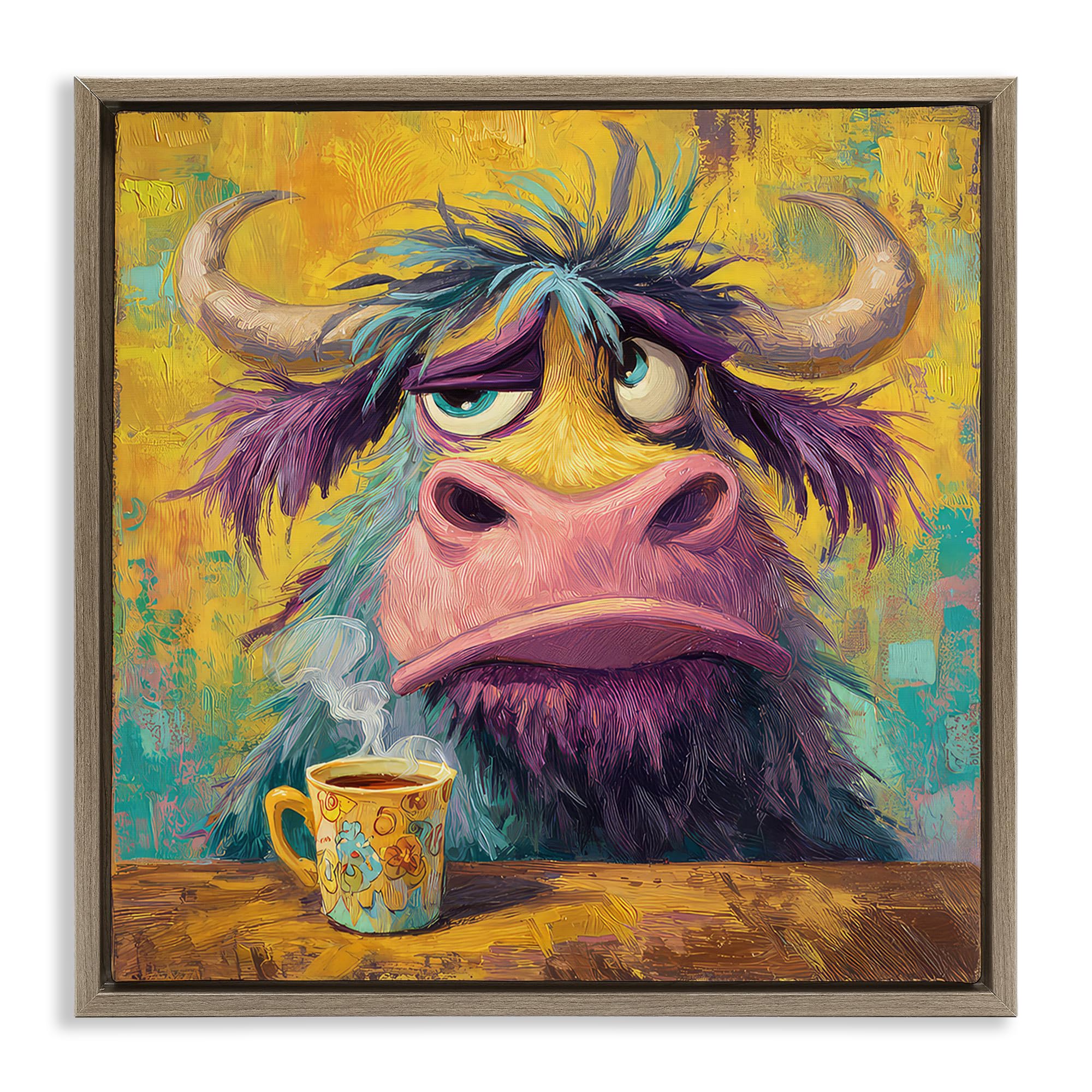 Stupell Industries Montalcino Elm (Textured) 'Grumpy Cow & Mug'| Floating Frame Canvas Art
