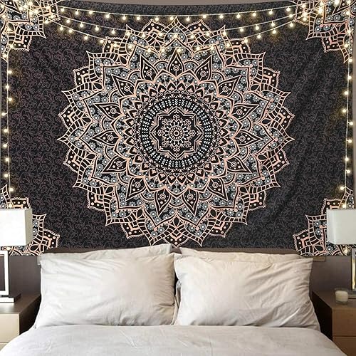 Miniatura 9 de Edeesky Tapiz de mandala blanco dorado para colgar en la pared, medallón psicodélico, tapiz estético indio hippie, arte bohemio, decoración