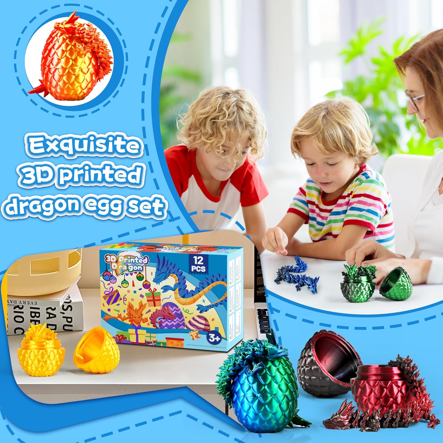 12PCS 3D Printed Dragon Easter Eggs, Valentines Day Gifts for Kids, 3D Printing Toys for Kids, Fidget Toy for Adults Teens Boy Birthday Gifts Cool Easter Basket Stuffers - Image 3