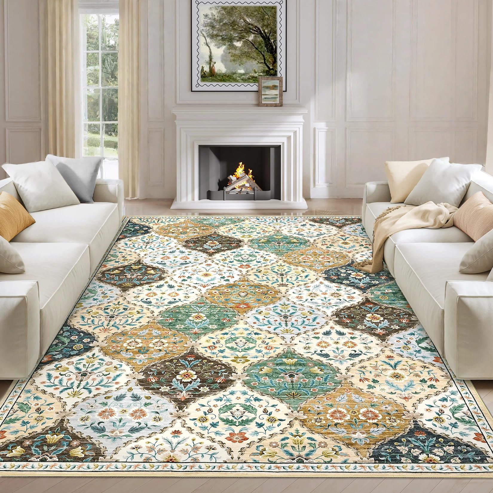 Tapis vintage lavable beige 200x290 cm antidérapant et à poils ras pour salon