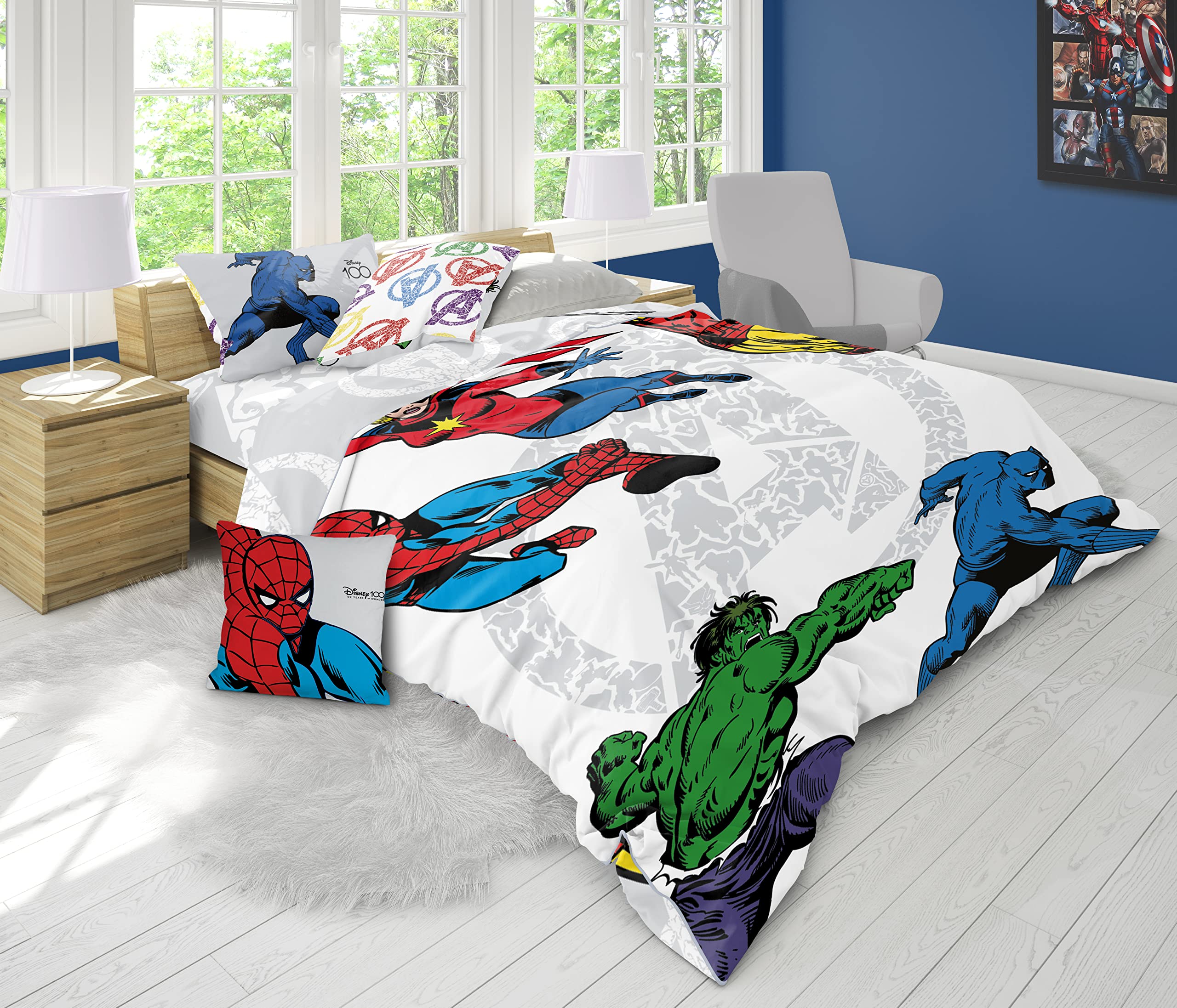 Trucare FZC Marvel Avengers 4 Pcs Kids Bedding Set - Super Soft & Fade Resistant - Includes Reversible Comforter, Pillow Sheet, Bed Sheet, & Cushion - Celebrate Disney 100th Anniversary in Style