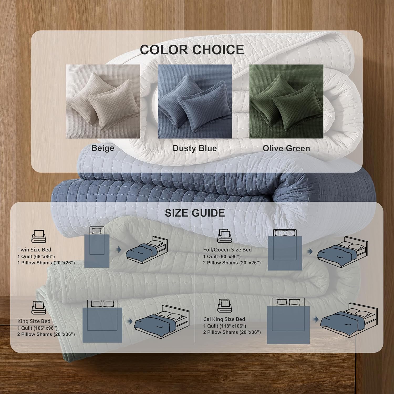 WDCOZY 100% Cotton Queen Size Quilt Set - Dusty Blue Box Pick Stitch Soft Lightweight Bedspread, Textured Like Linen, Farmhouse Country Rustic Coverlet, Shabby Chic Gauze Bedding, 3 Pieces