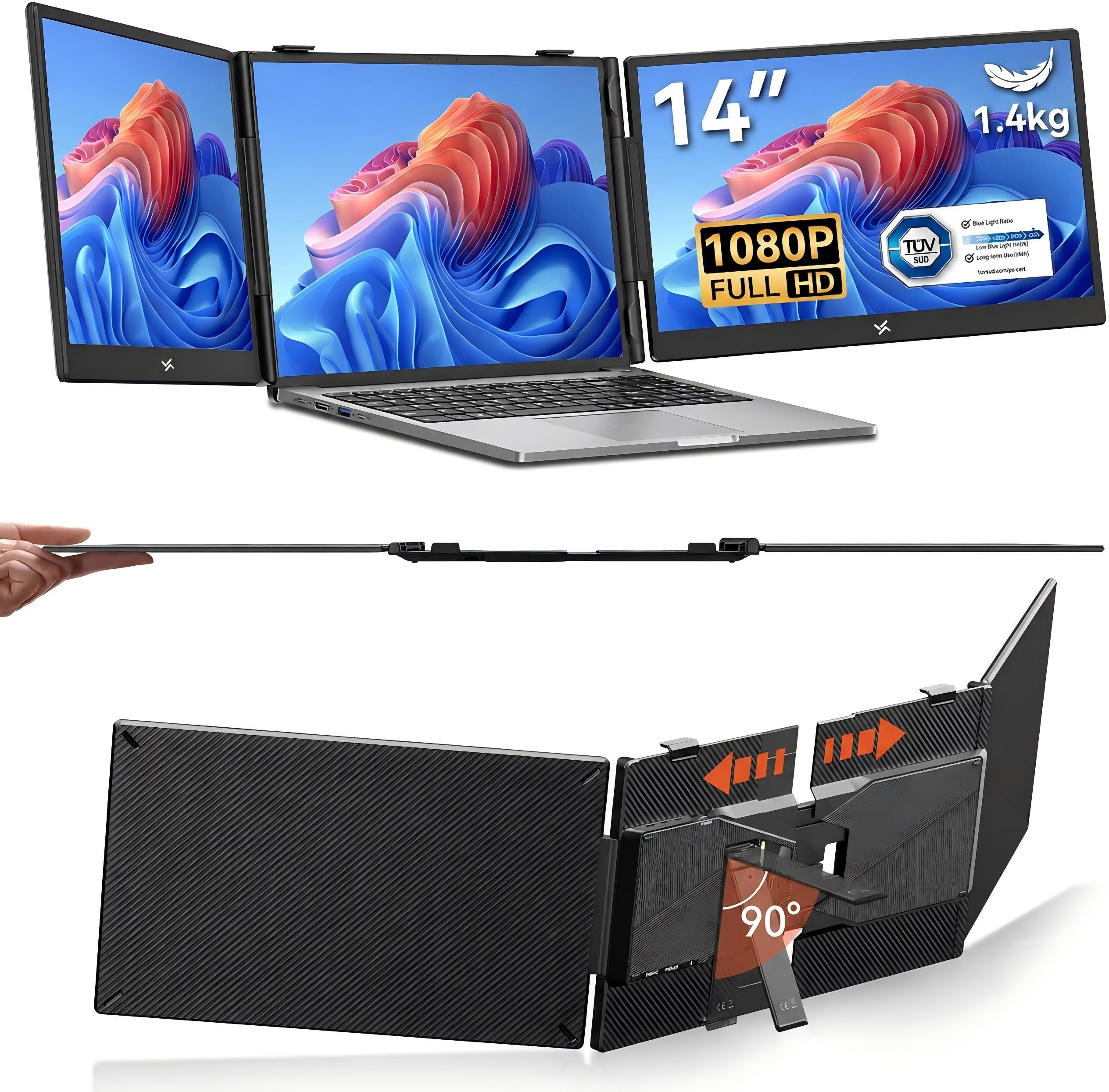 14" Laptop Bildschirm Erweiterung, TÜV, 1080P FHD IPS 300Nits,USB C/HDMI/PD | PX5 Pro Triple Portable Monitor, Plug & Play Zweitbildschirm, Laptop Screen Extension, HDMI, USB A, USB C, 100W PD