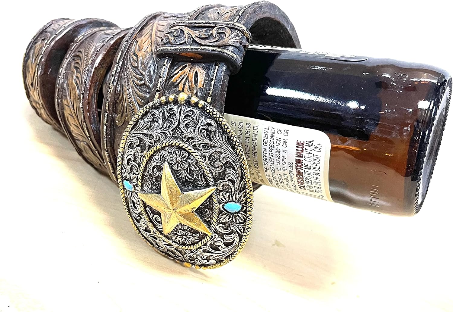 Sureg Western Belt Design Wine Bottle Holder Poly Resin Brown Tooled Leather Look 19144 Medium