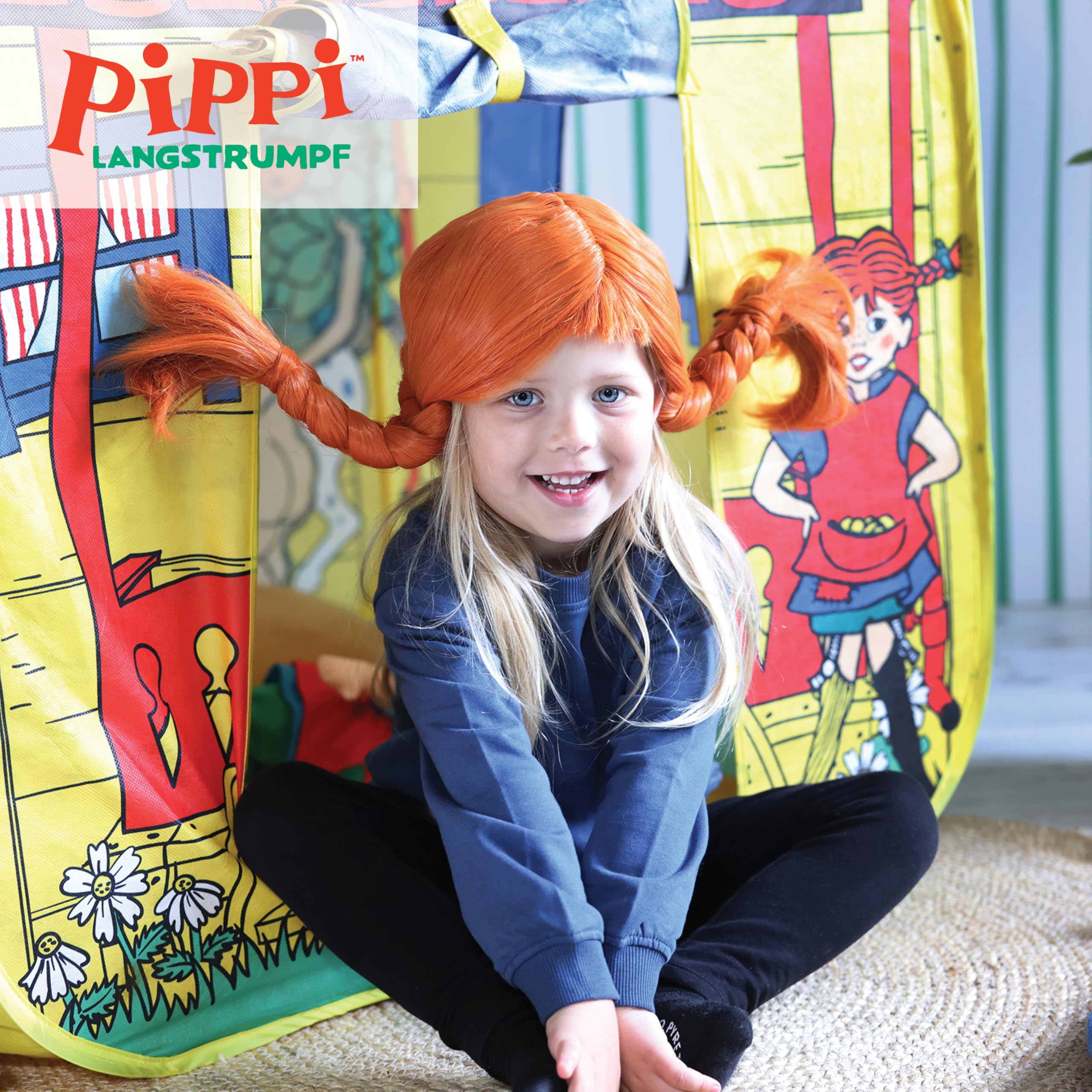 Pippi Langstrumpf Kinder Perücke - Original Lizenz - Fasching, Karneval, Halloween - Rote Haare, biegbare Zöpfe - Elastisch - 60 cm Kopfumfang - 3-6 Jahre