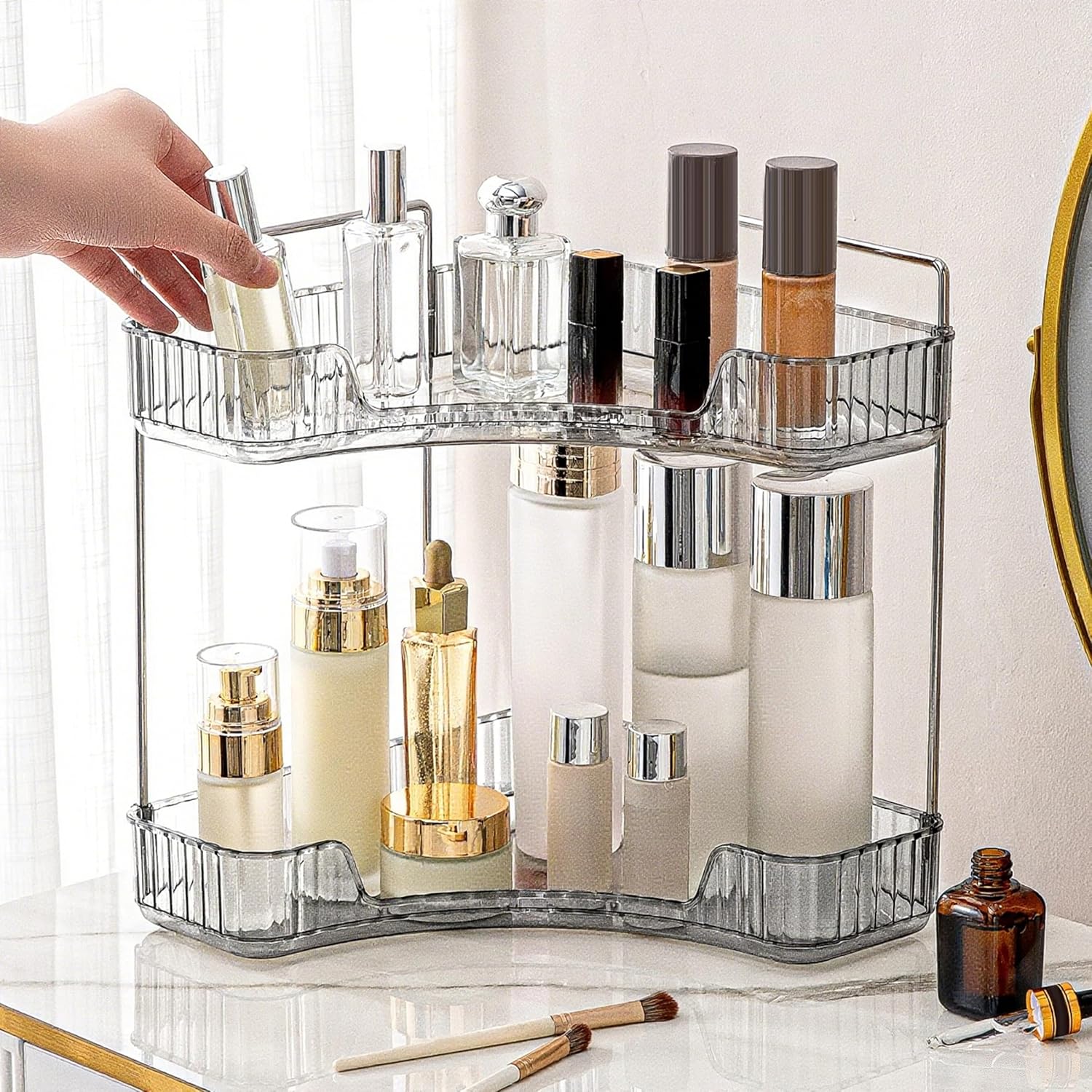Corner Bathroom Countertop Organizer, Vanity Organizer Trays for Counter, Makeup Organizers, Perfume Tray, Skincare Shelf Storage Gifts for Women Girl Student (Blue, 3 Tiers)